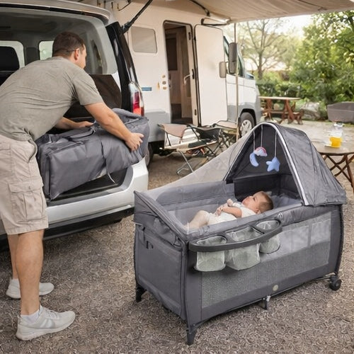 Grey folding travel cot with changing table up to 15 kg Brand no brand