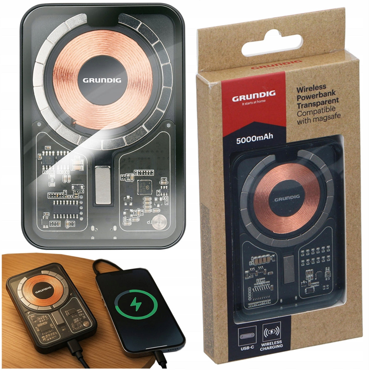 Grundig Powerbank WIRELESS 5000 mAh compatible with MagSafe USB-C