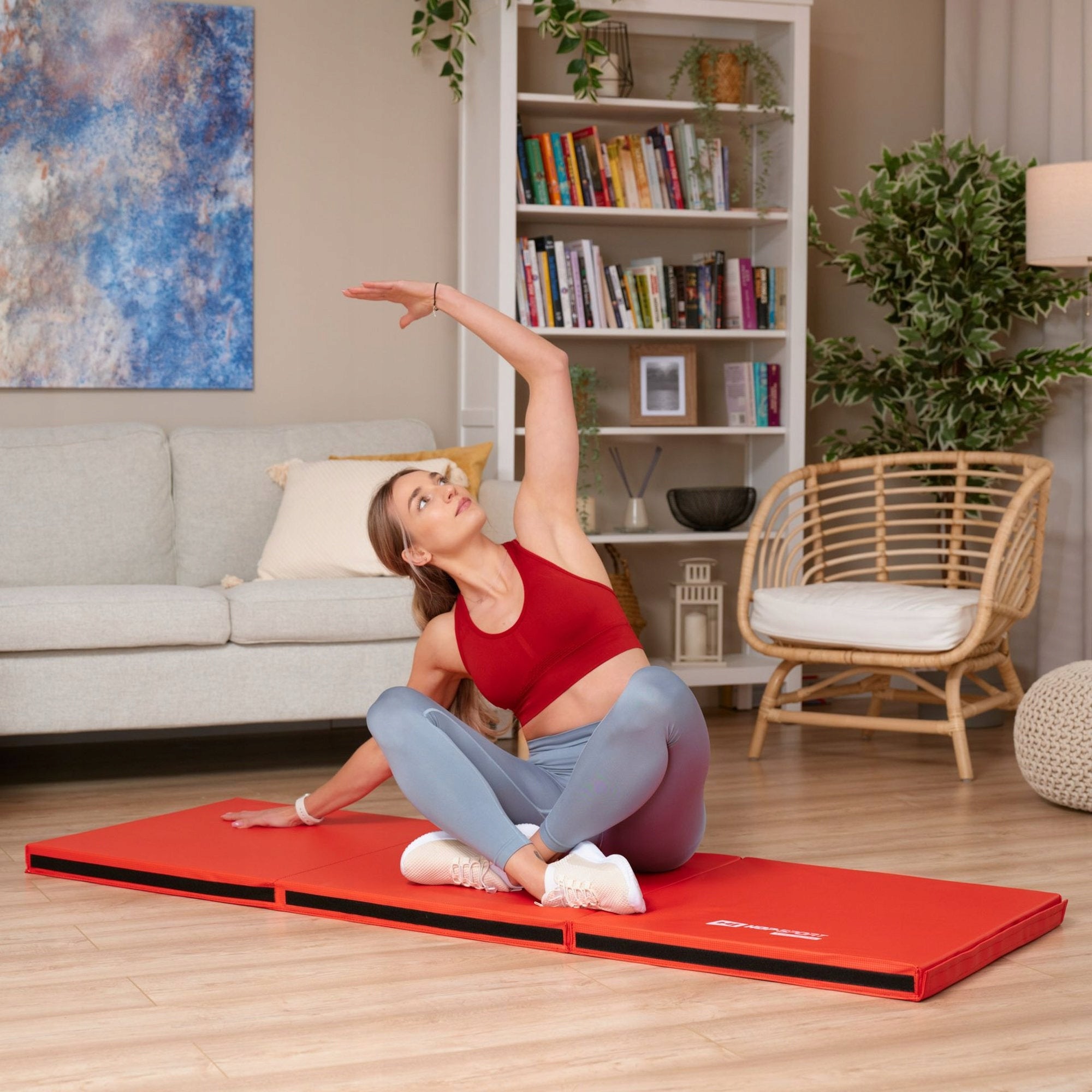 Gymnastic Mattress Folding Hard Mat 5cm Non-Slip with Handles Color red