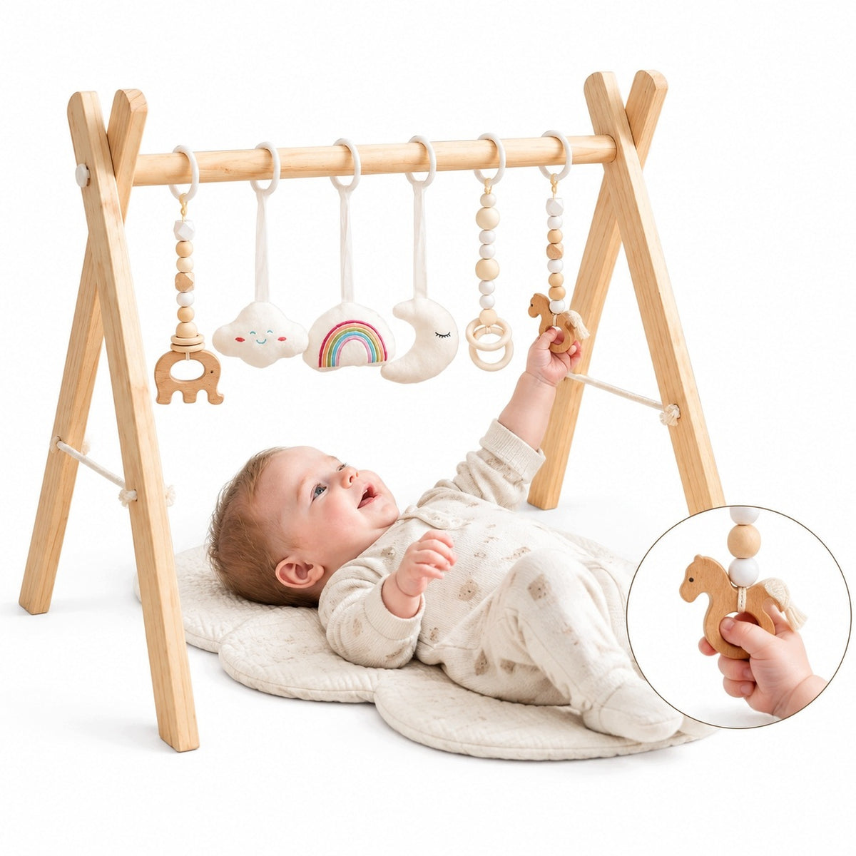 Gymnastic Stand Educational Baby Gym + 6 Infant Pendants Natural