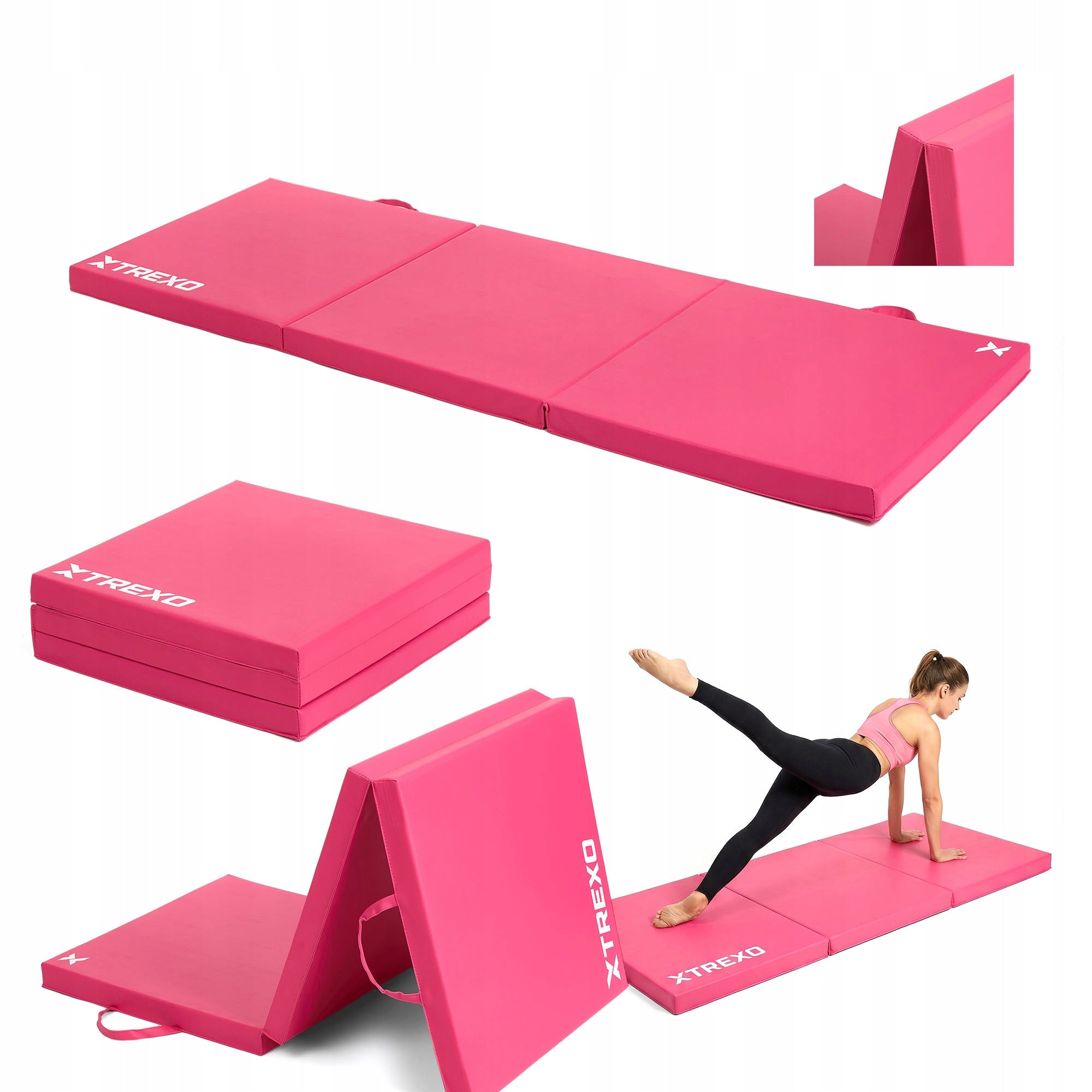 Gymnastic mattress XTREXO folding 180x60x5 cm pink CONVENIENT TRANSPORT