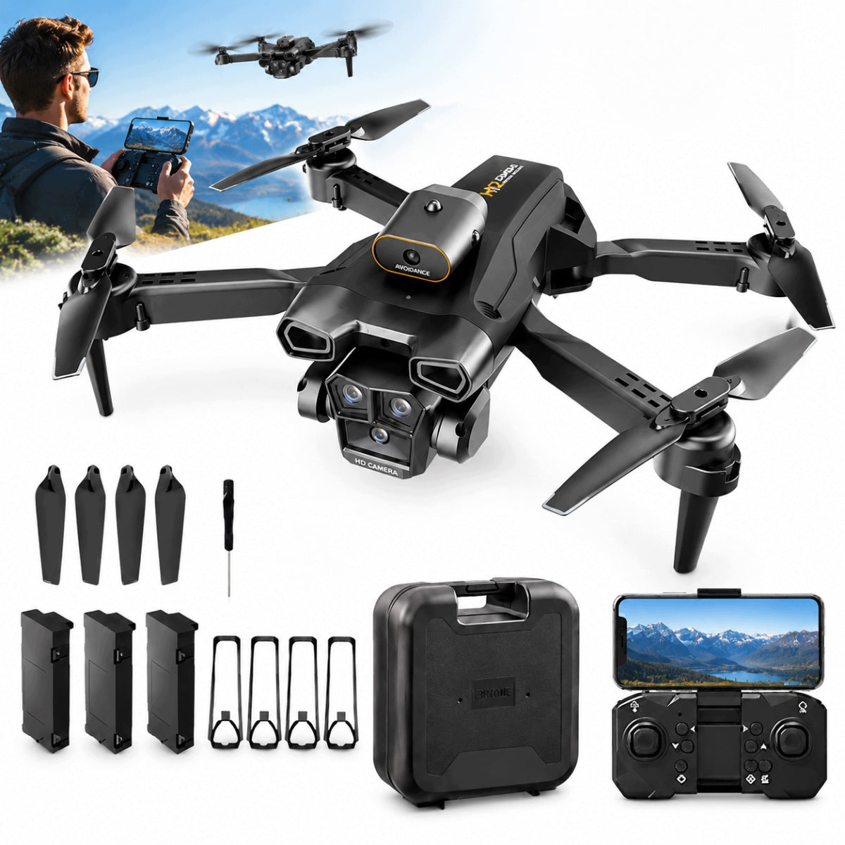 H12 4K drone with 3 cameras, obstacle sensor and 3 batteries