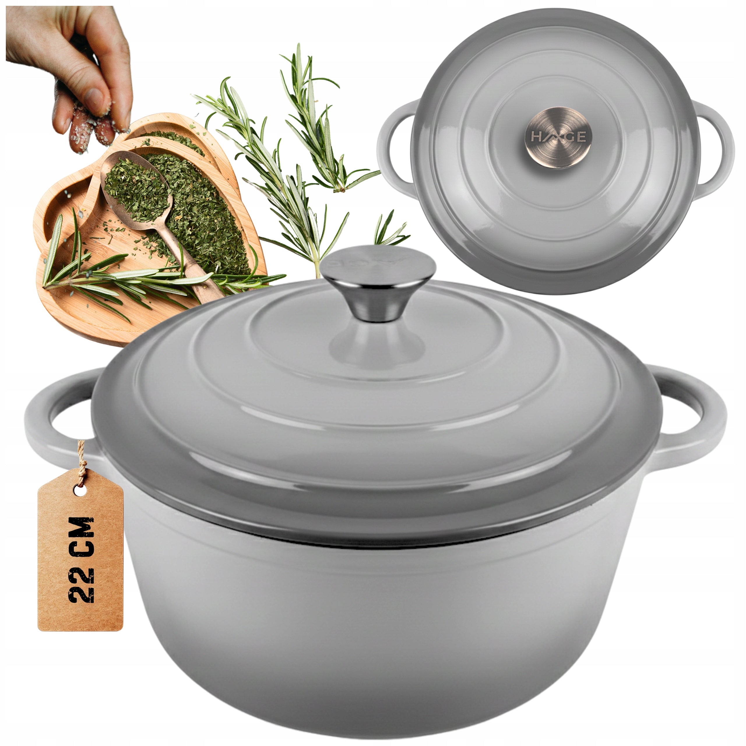 HAGE Enameled cast iron pot 3 l lid 22 cm grey induction oven