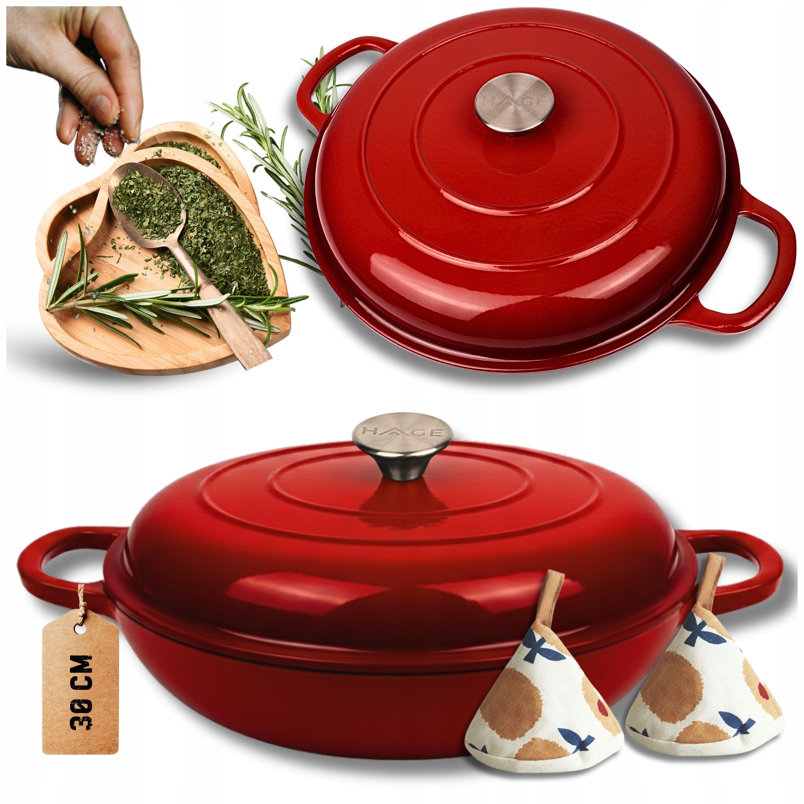 HAGE Low pot cast iron enamel 3 l +pok 30 cm red induction oven