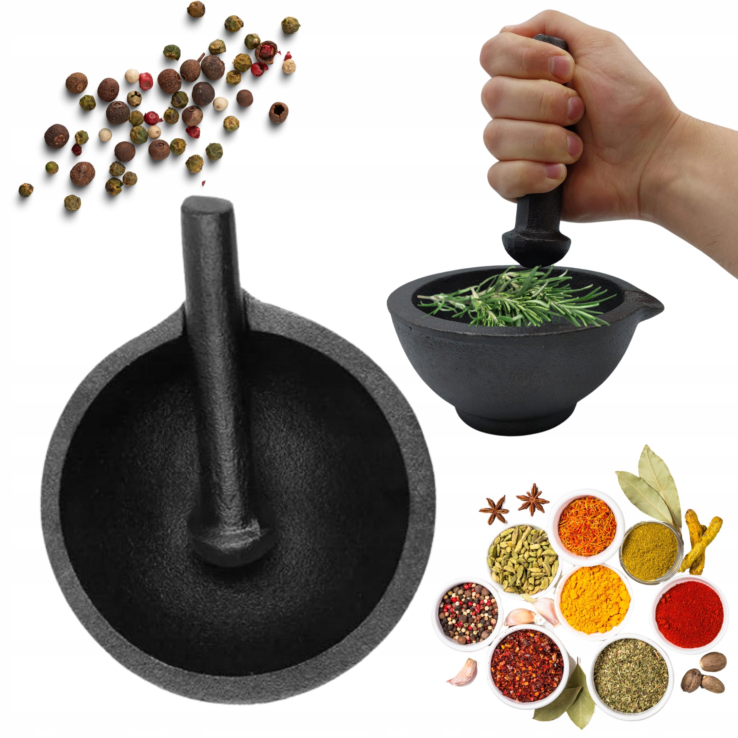 HAGE Round Cast Iron Mortar + Herb Spice Pestle Heavy Solid