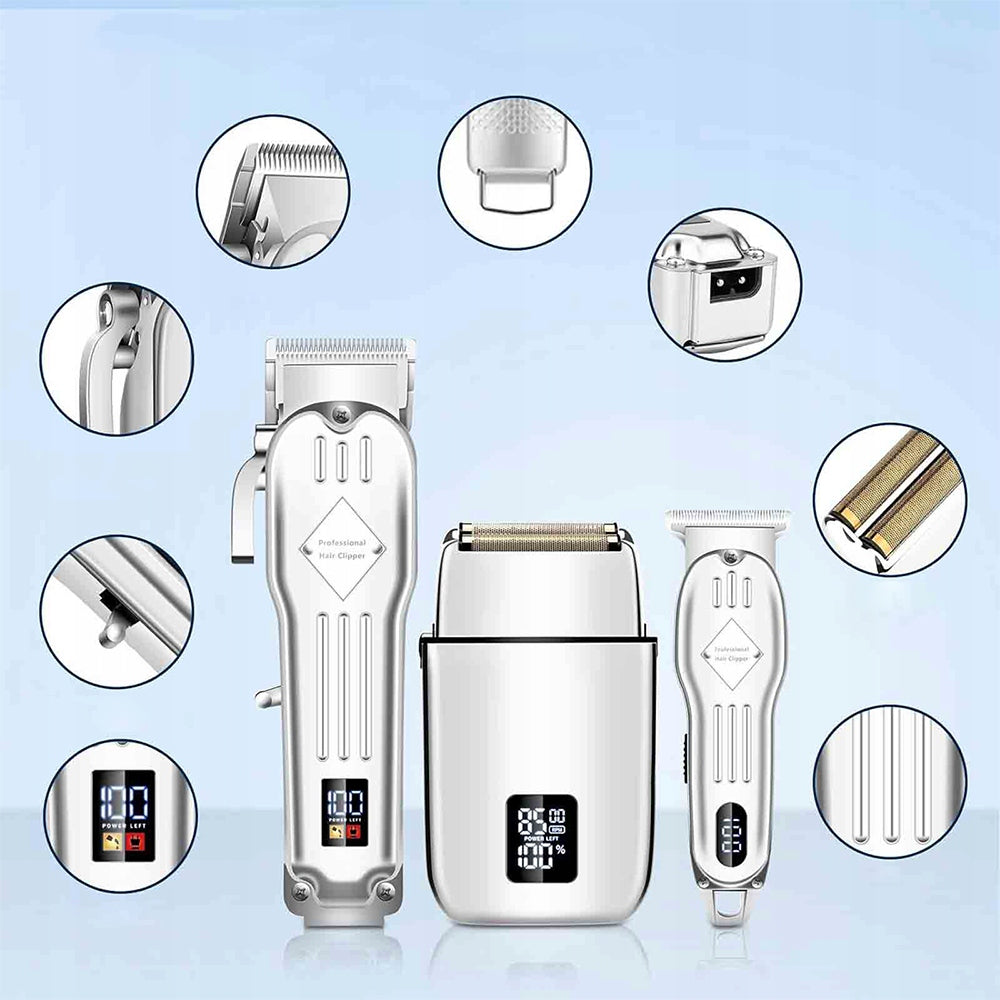 HAIR CLIPPER SET:3-IN-1 (CLIPPER/SCRAPER/SHAVER), PRECISION CUT, LCD SILVER Dominant color silver/gray