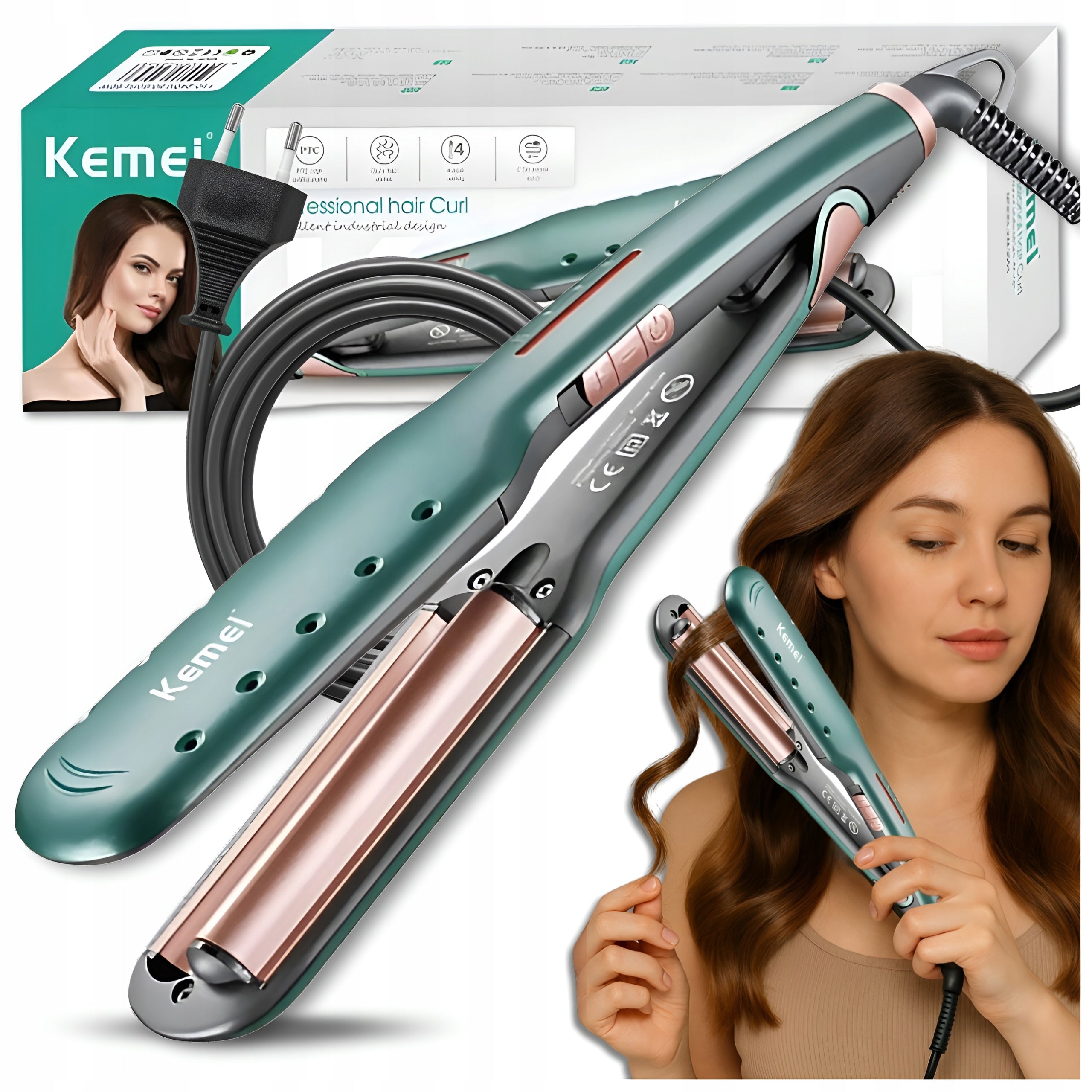 HAIR CURLING IRON KEMEI CERAMIC INVERTER CRIMPER 60W TPC 130-220 °C