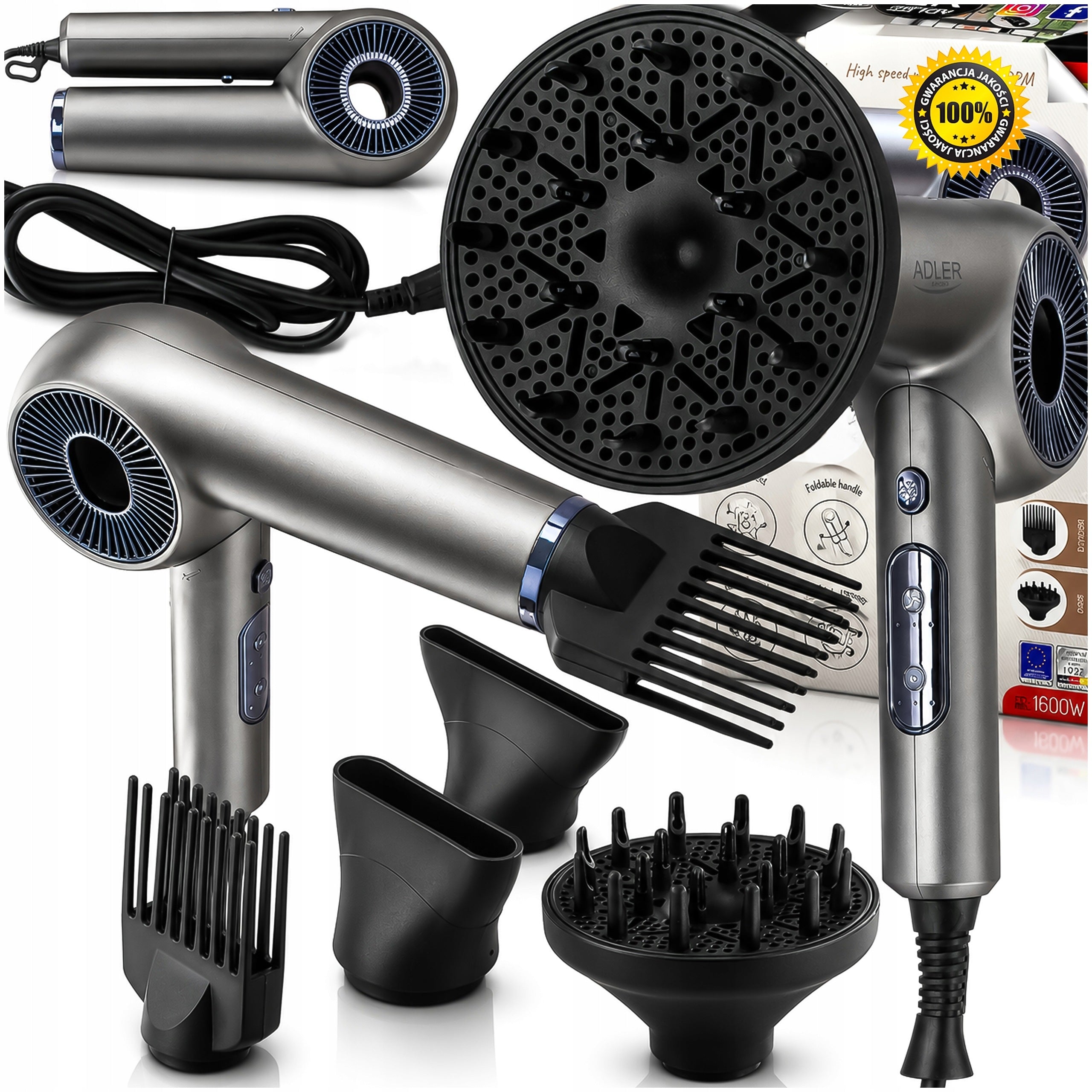 HAIR DRYER WITH DIFFUSER IONIZATION FOLDING 4 COLD AIR CAPS