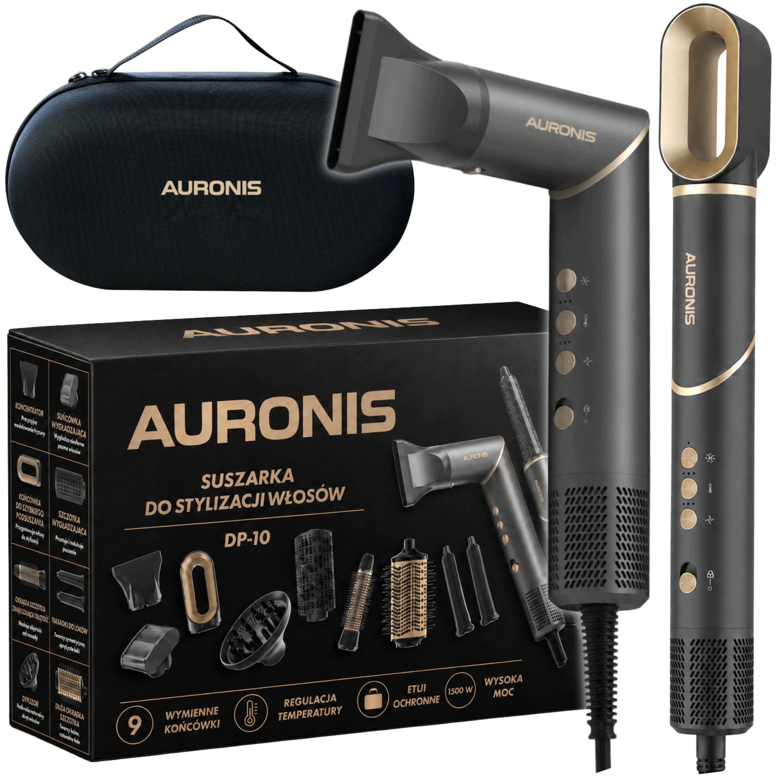 HAIR DRYER WITH IONIZATION 9in1 CURLER WITH DIFFUSER + 9 TIPS + CASE