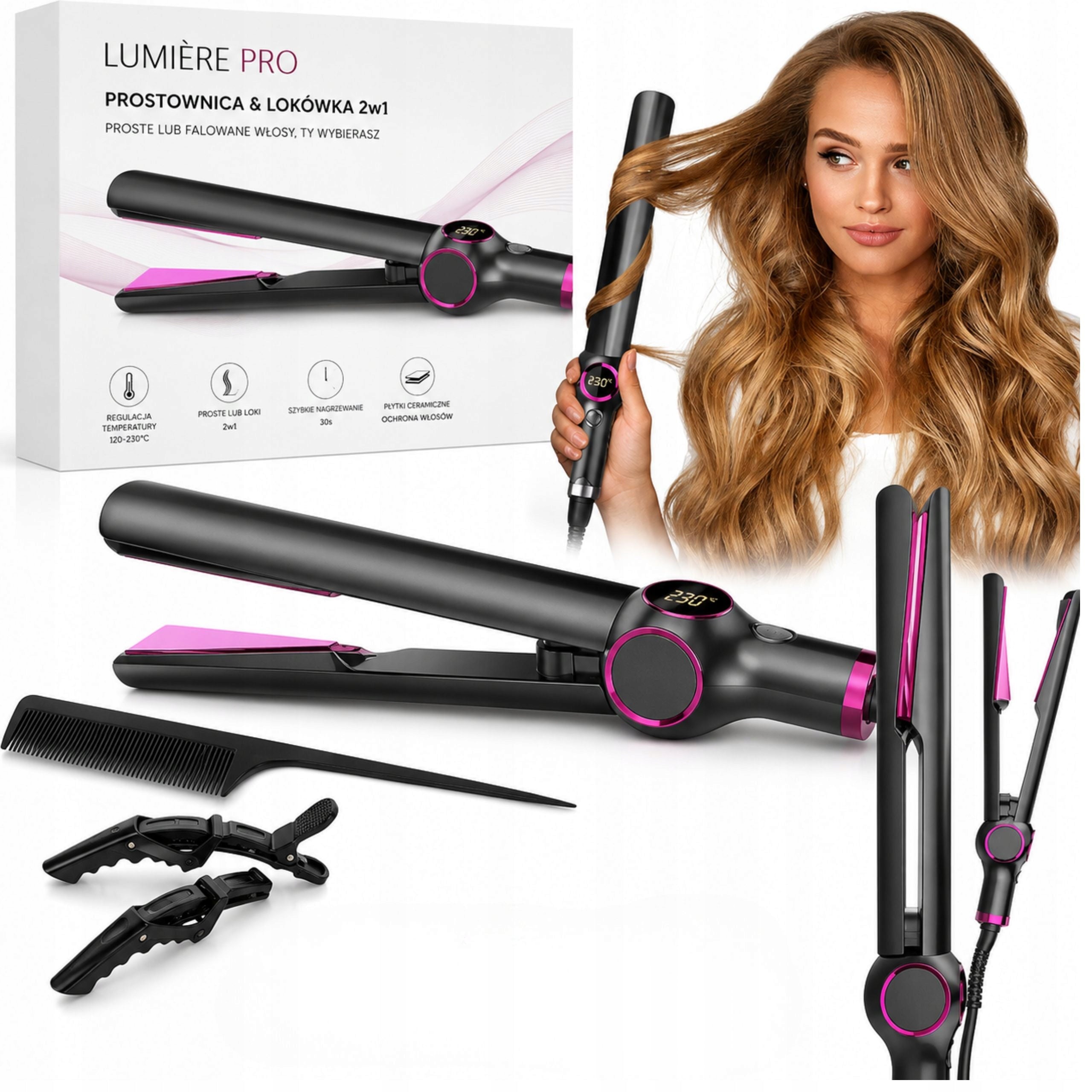 HAIR STRAIGHTENER 2in1 Ceramic Ionization LCD Curler 230°C Waves Curls