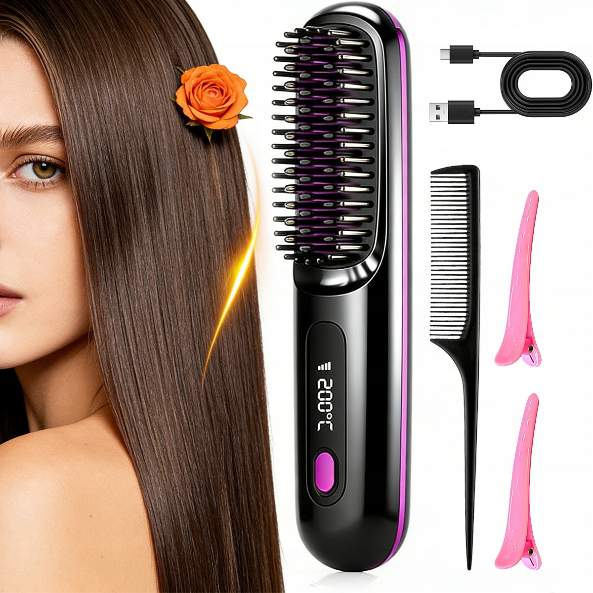 HAIR STRAIGHTENING BRUSH ELECTRIC HAIR STRAIGHTENER BLACK