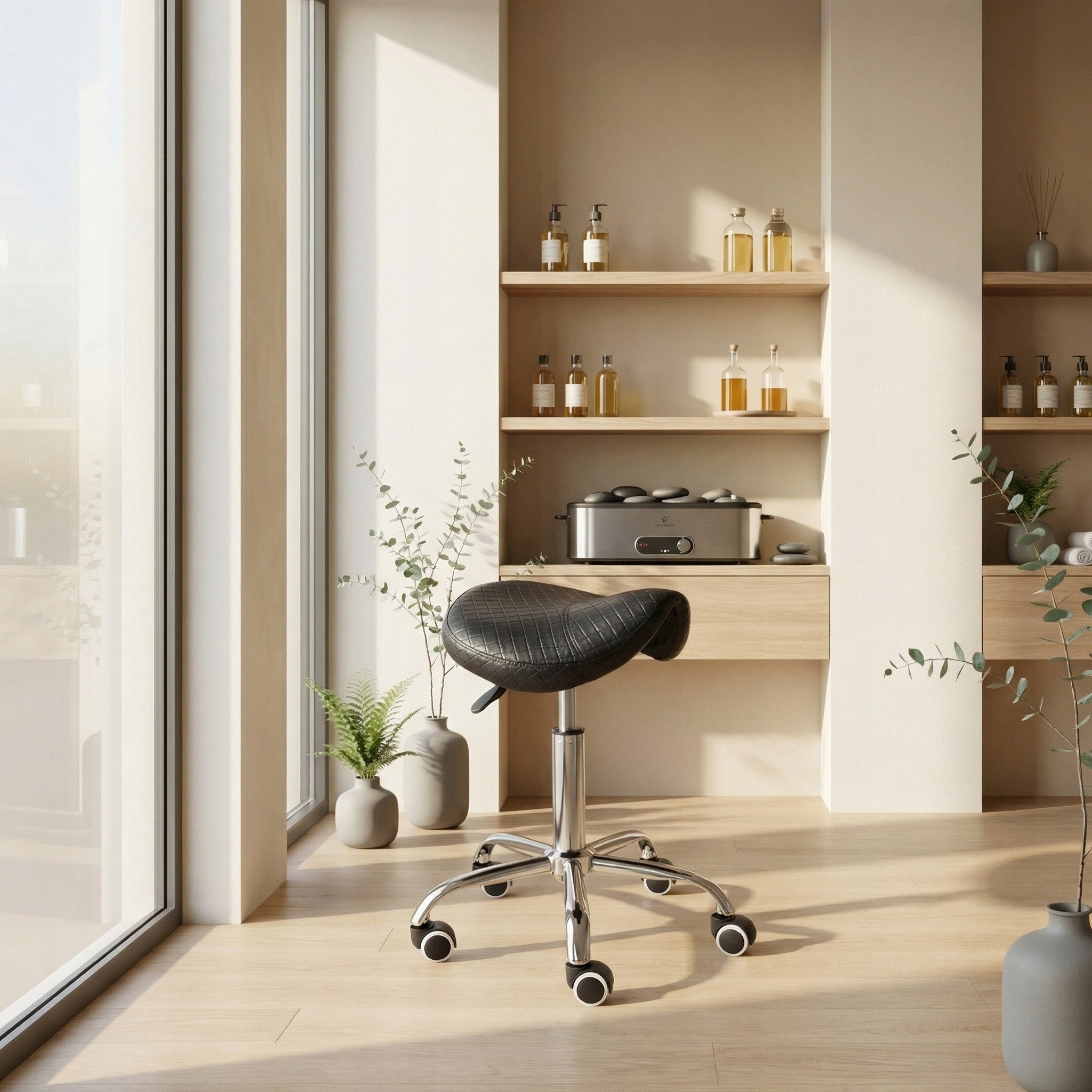 HAIRDRESSER COSMETIC STOOL BLACK QUILTED ON WHEELS SWIVEL SADDLE Packaging status original