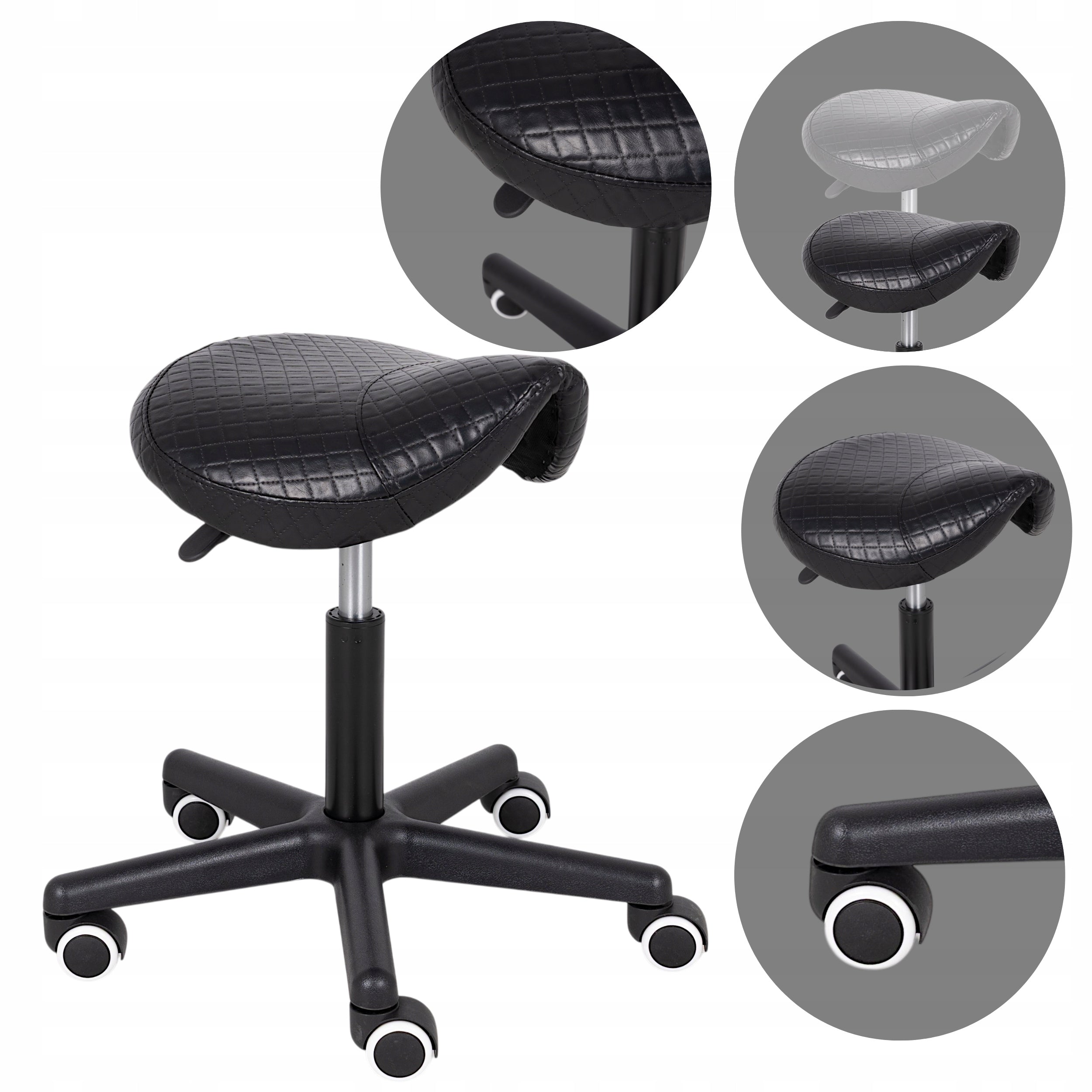 HAIRDRESSER COSMETIC STOOL QUILTED ON WHEELS SADDLE SWIVEL STOOL
