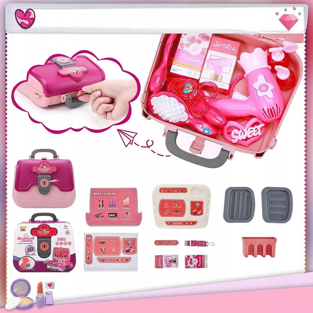 HAIRDRESSER SET 24 EL. FOR GIRLS WITH DRYER PINK BAG TOY Brand Bedee