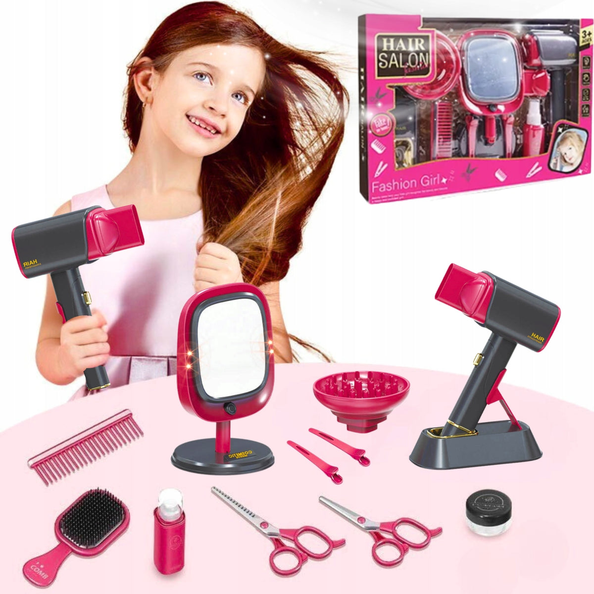 HAIRDRESSER SET FOR CHILDREN BATTERY-OPERATED DRYER BLOWS MIRROR ACCESSORIES