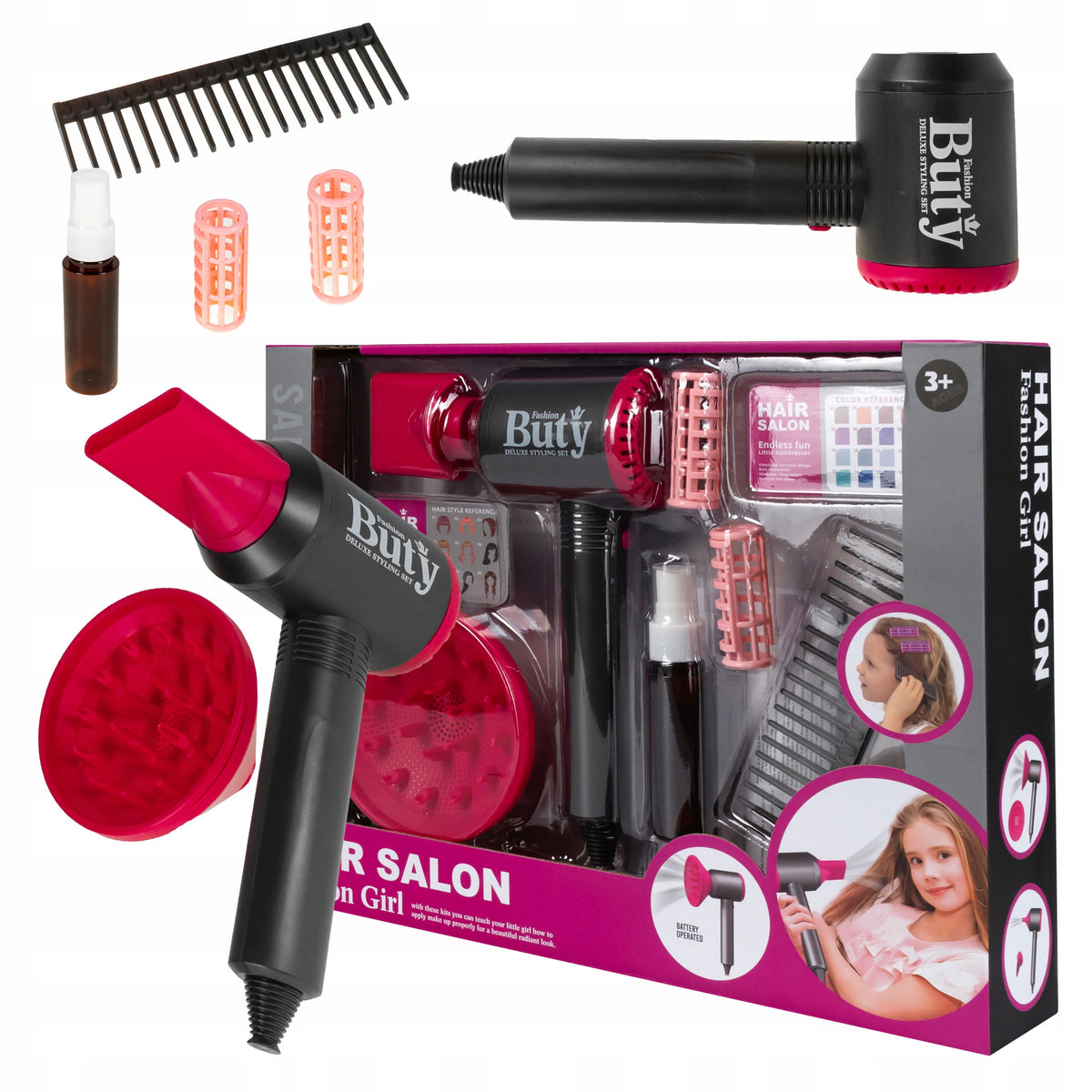 HAIRDRESSER SET FOR CHILDREN HAIRDRESSER BATTERY-OPERATED DRYER +PAPILOT COMB