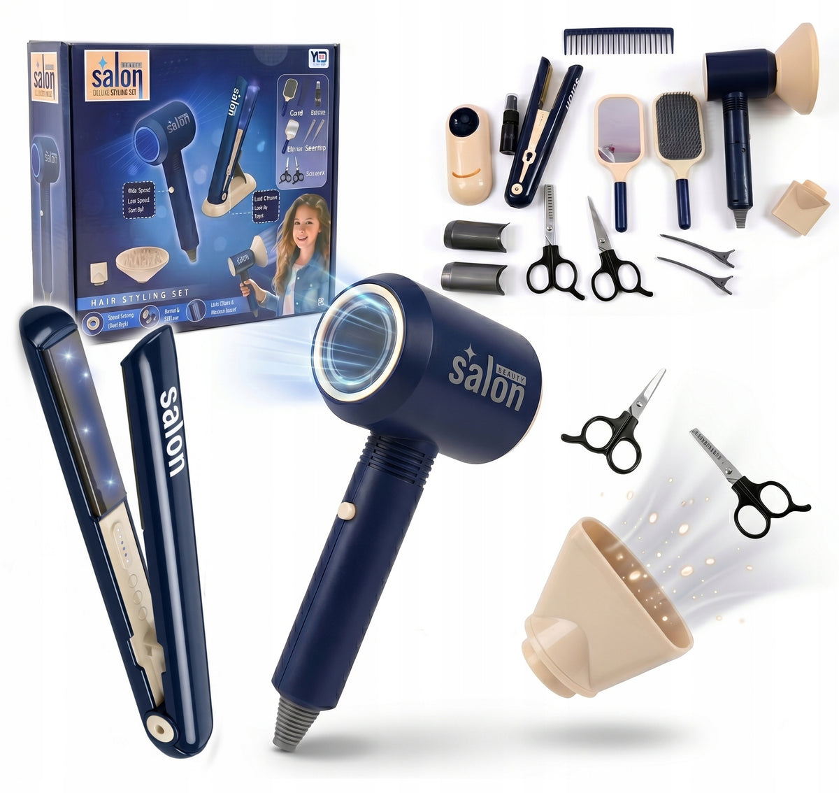 HAIRDRESSER SET SMALL STYLIST HAIR DRYER STRAIGHTENER HAIRBRUSH