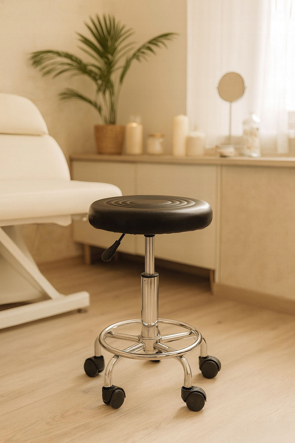 HAIRDRESSER STOOL COSMETIC STOOL SWIVEL ADJUSTABLE ON WHEELS BLACK Medical device no