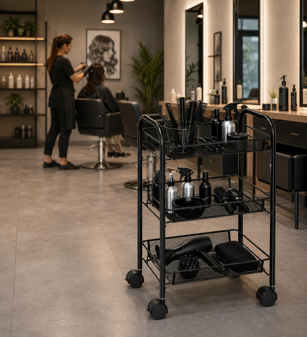 HAIRDRESSER TROLLEY COSMETIC HELPER ON WHEELS BLACK METAL 3 SHELVES Manufacturer code AG952 WÓZEK FRYZJERSKI