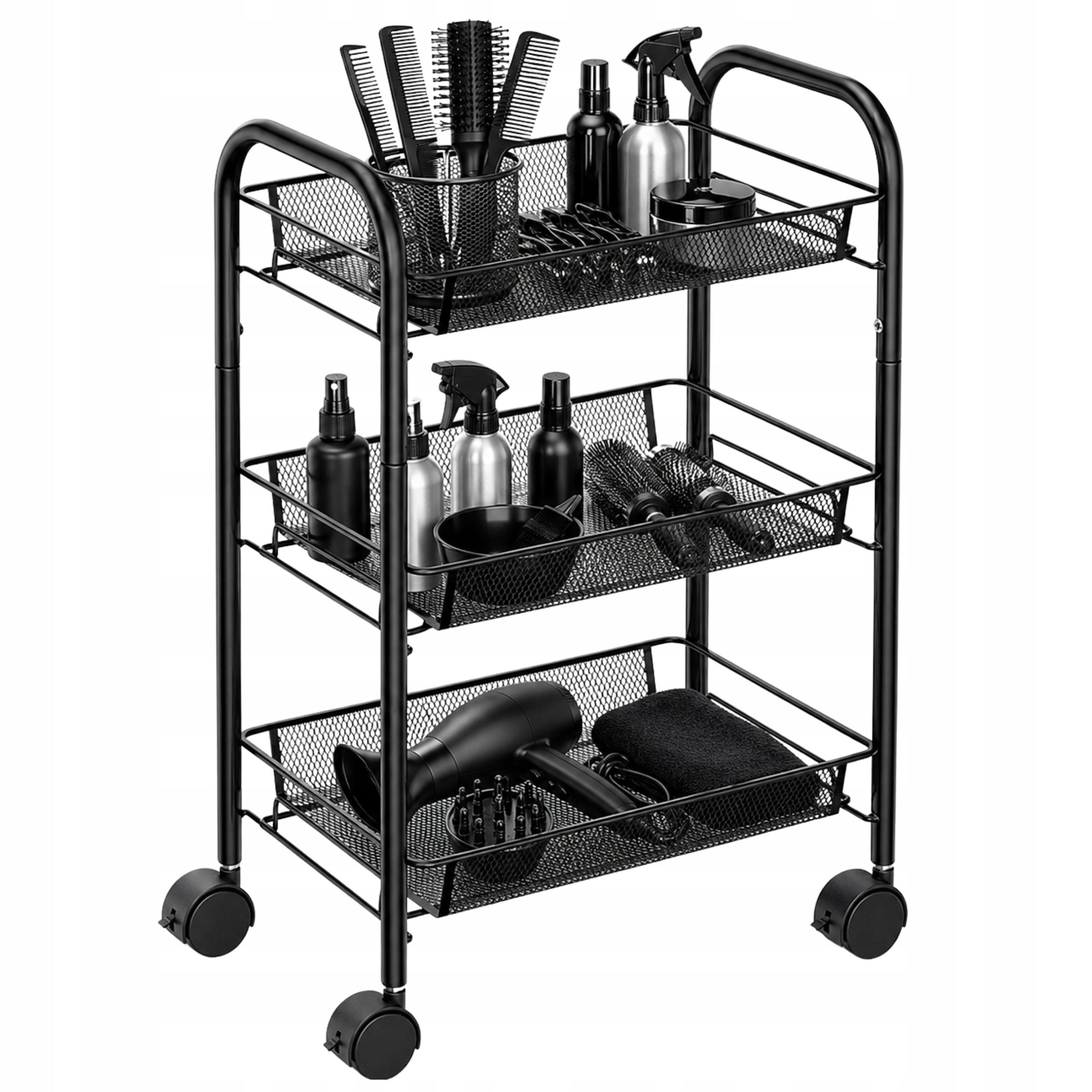 HAIRDRESSER TROLLEY COSMETIC HELPER ON WHEELS BLACK METAL 3 SHELVES