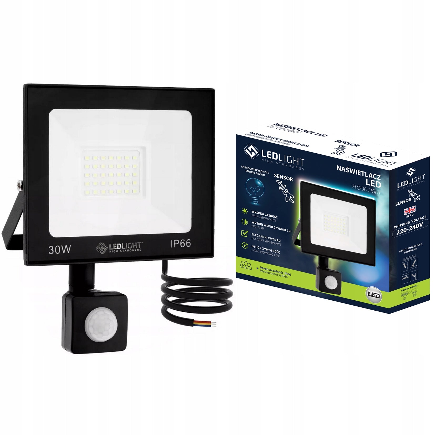 HALOGEN LED 30W FLOODLIGHT with PIR motion sensor SLIM IP66 WORKING cold