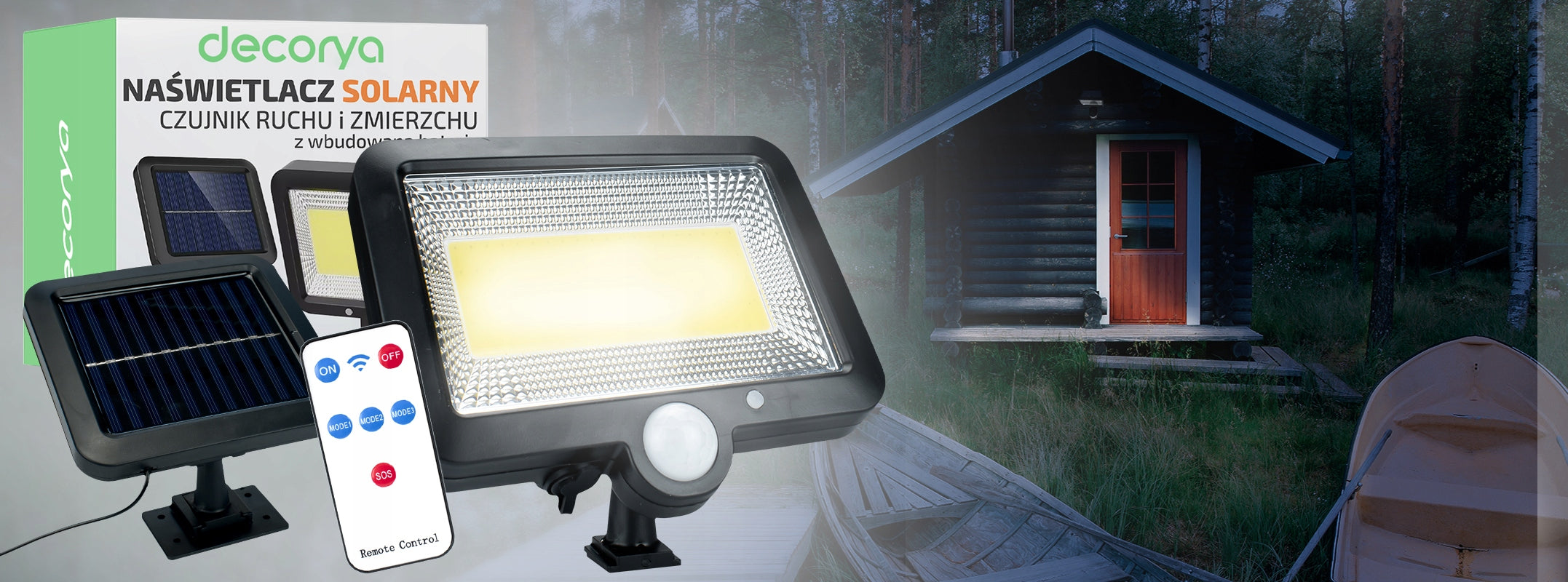 HALOGEN LED FLOODLIGHT WITH SEPARATE SOLAR PANEL CABLE 5m SENSOR REMOTE CONTROL Packaging status original