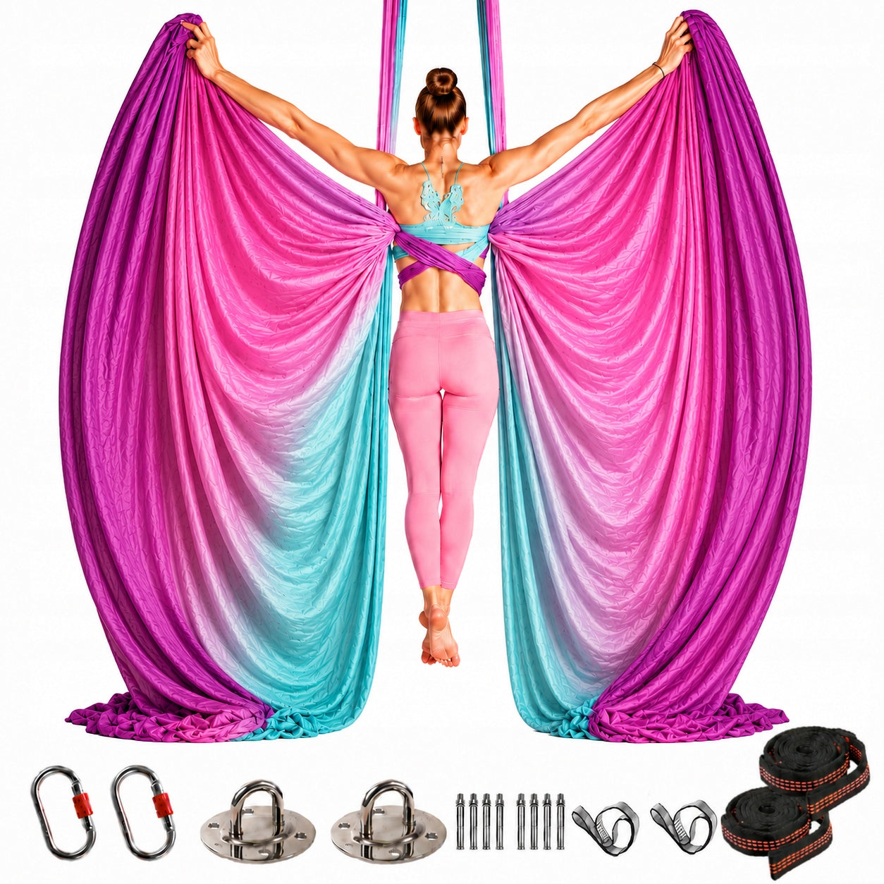 HAMMOCK AERIAL YOGA SENSORY SCARF SASH 280x500 OMBRE PURPLE ROSES TURQUOISE