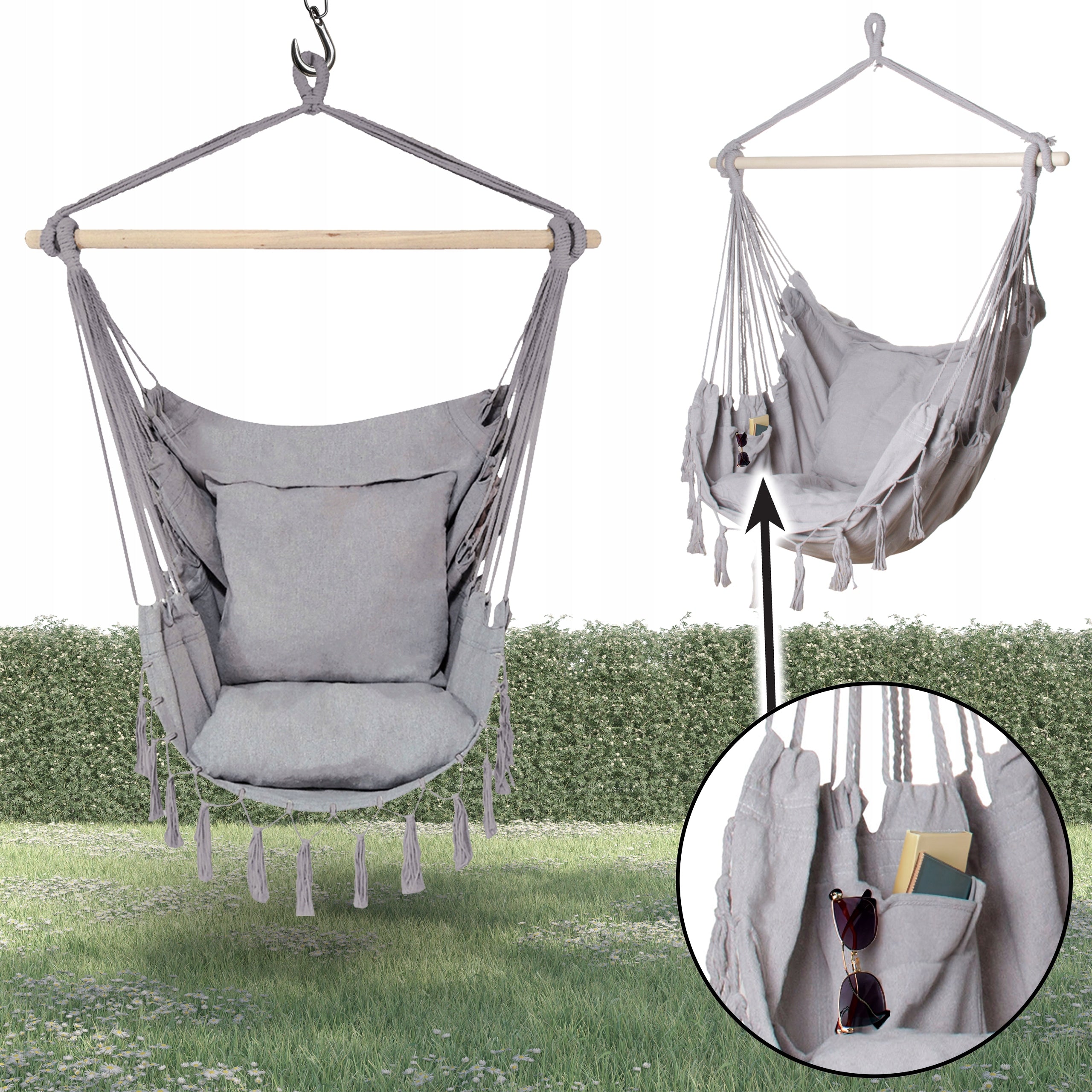 HAMMOCK BRAZILIAN ARMCHAIR HANGING SWING HAMMOCK + 2 PILLOWS RHODOS 2 GREY Packaging status original