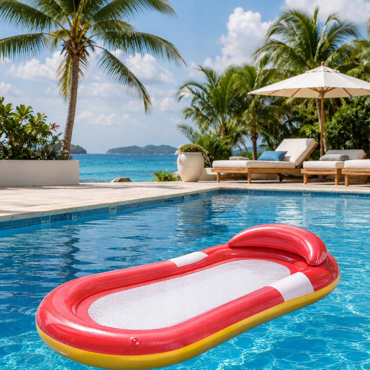 HAMMOCK WATER MATTRESS FOR SWIMMING INFLATABLE WITH NET AND HEADREST CHAIR LOUNGER Manufacturer code MATERAC DO PŁYWANIA LEŻAK DMUCHANY Z SIATKĄ