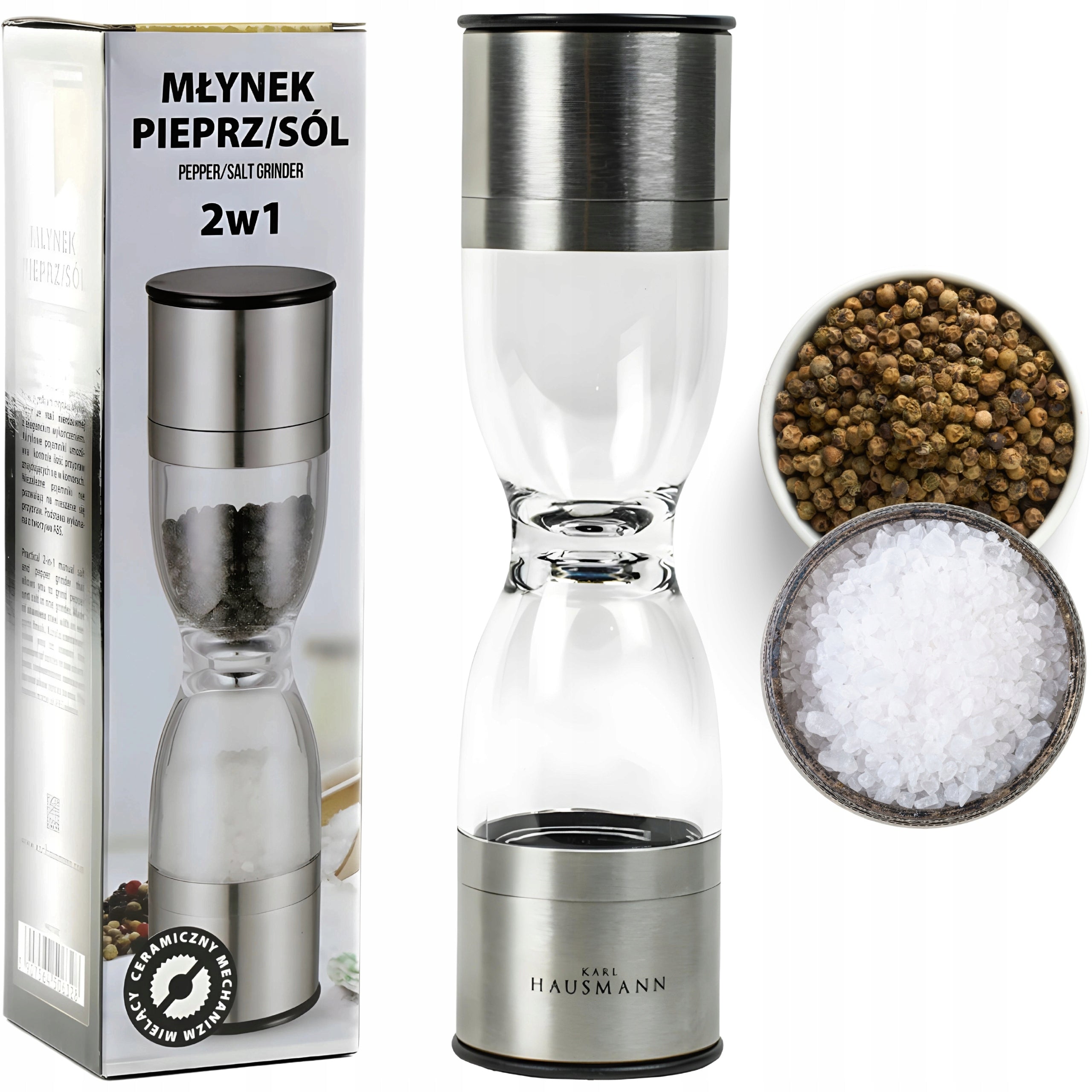 HAND GRINDER FOR SALT AND PEPPER 2in1 GLASS HOURGLASS GRINDER KARL HAUSMANN