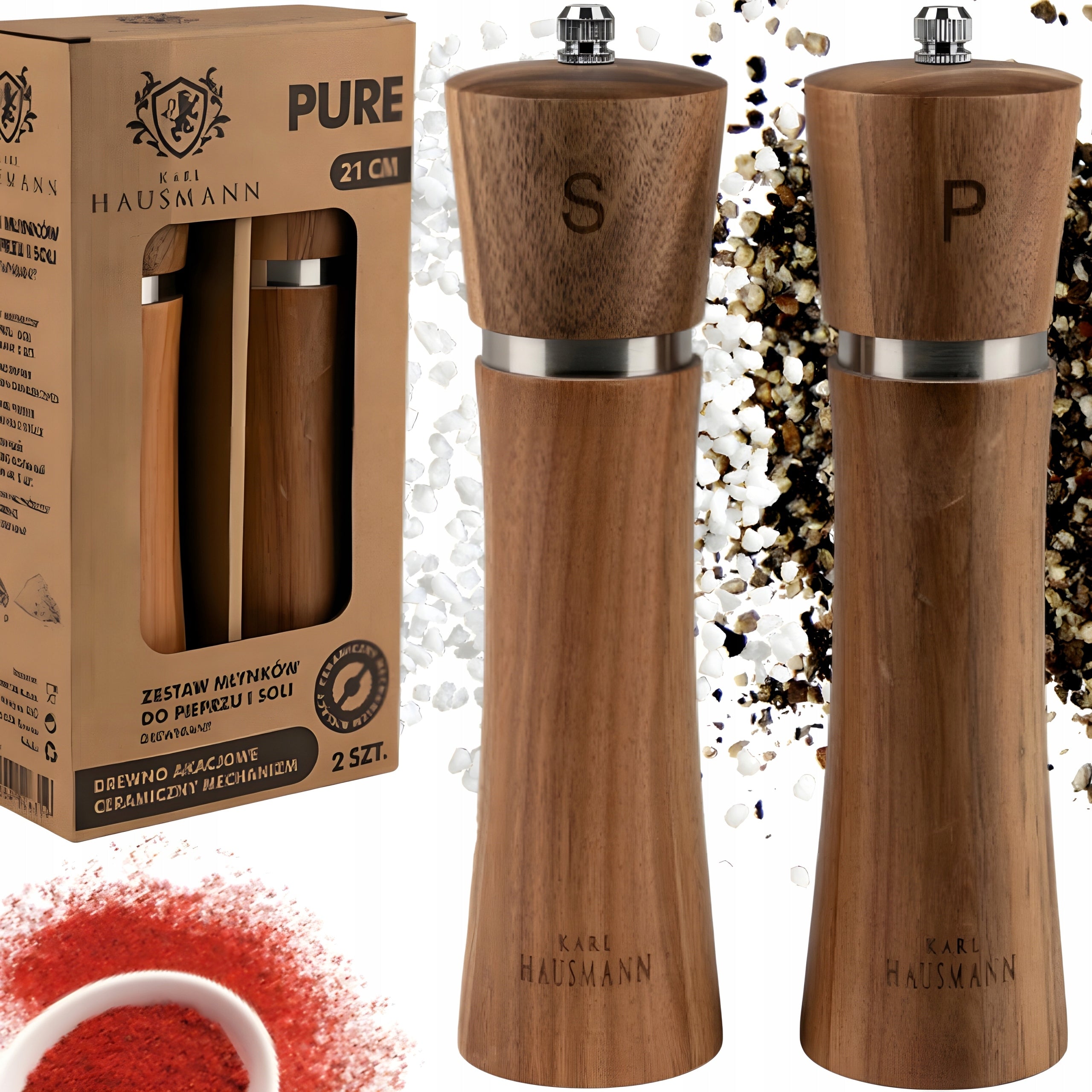 HAND GRINDER FOR SALT AND PEPPER WOODEN ACACIA SET OF 2 KARL HAUSMANN