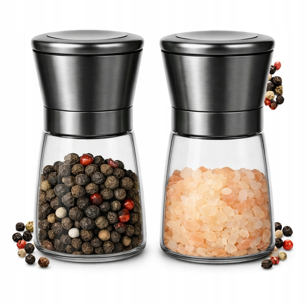 HAND GRINDER SET OF 2 FOR SALT AND PEPPER GRINDING GLASS SILVER