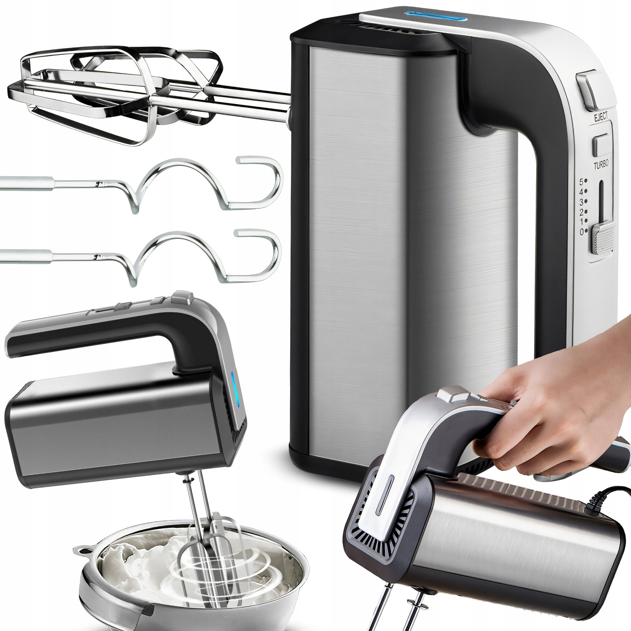 HAND MIXER FOOD PROCESSOR 300W TURBO WHISK HOOKS 5 SPEED SILVER