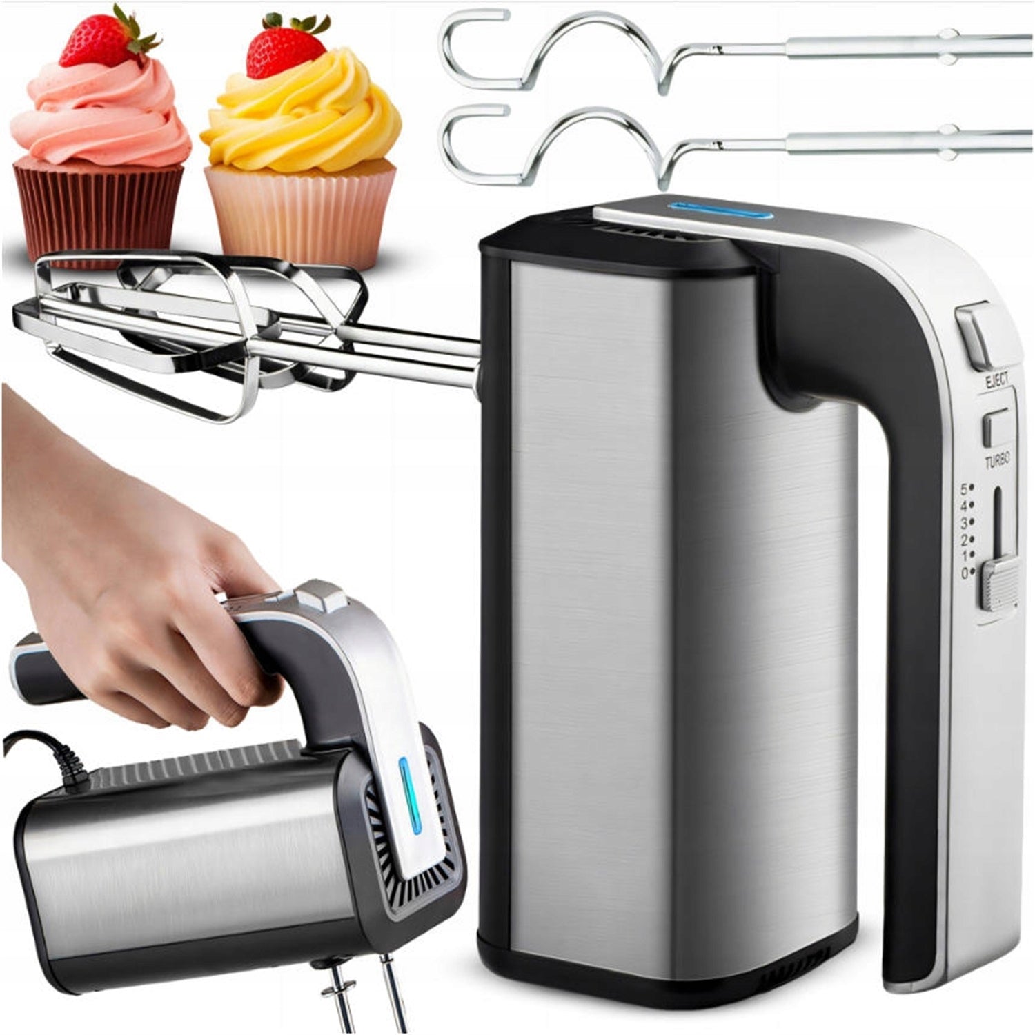 HAND MIXER FOOD PROCESSOR 300W TURBO WHISK HOOKS 5 SPEEDS SILVER