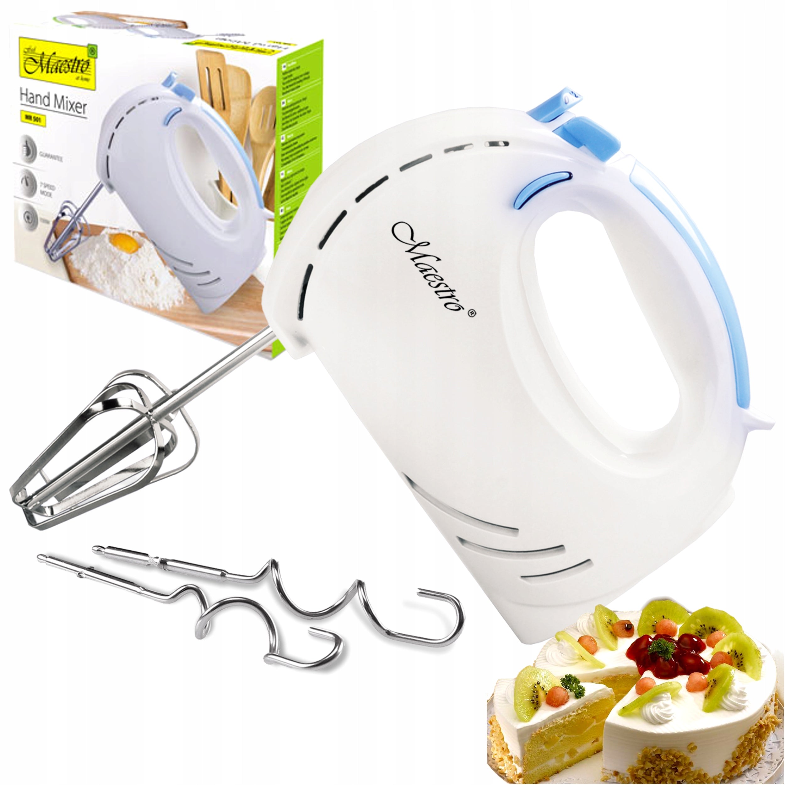 HAND MIXER FOOD PROCESSOR 7 SPEEDS + 4 TIPS BEATER HOOKS 300W