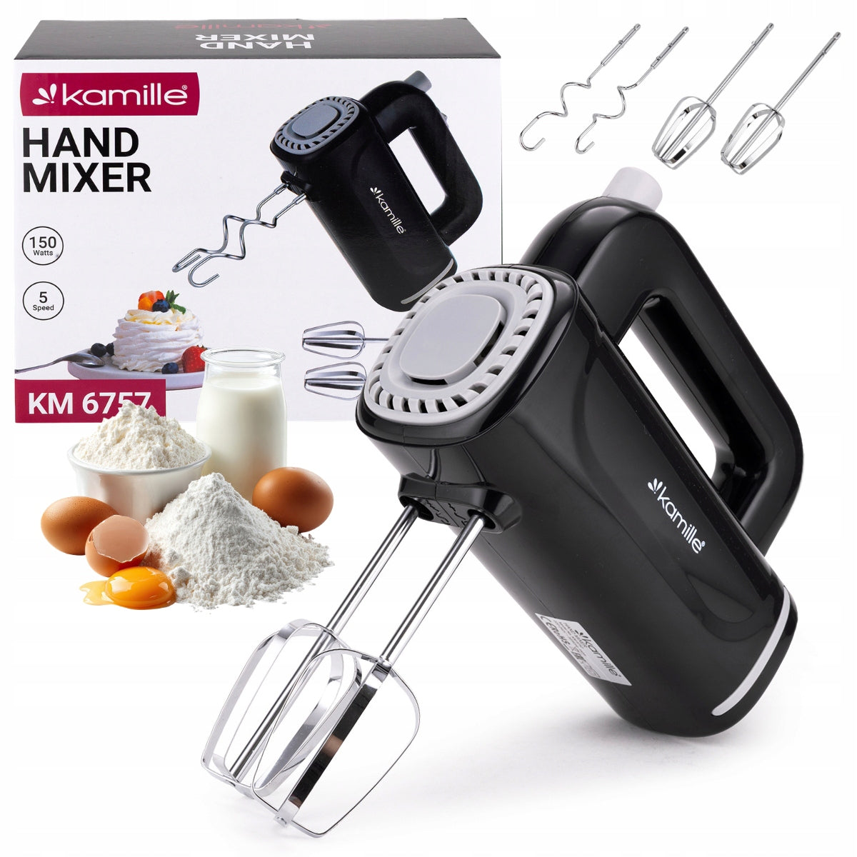 HAND MIXER Food Processor 5 Gears 4 Stirrers 150W black KAMILLE