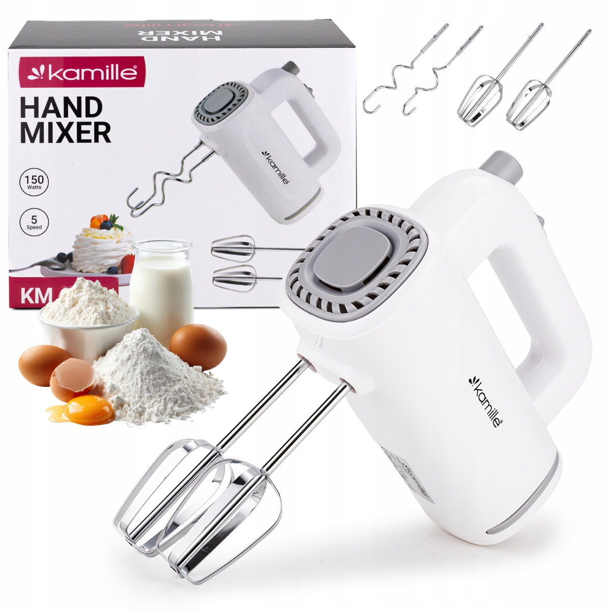 HAND MIXER Food Processor 5 Gears 4 Stirrers KAMILLE 150W white