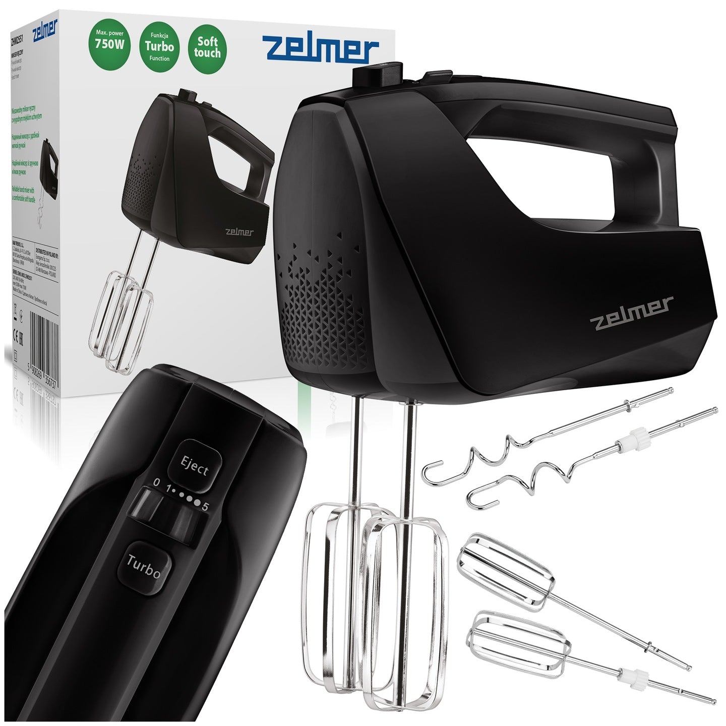 HAND MIXER ZELMER LIGHT FOOD PROCESSOR 5 GEARS 4 TIPS TURBO 750W