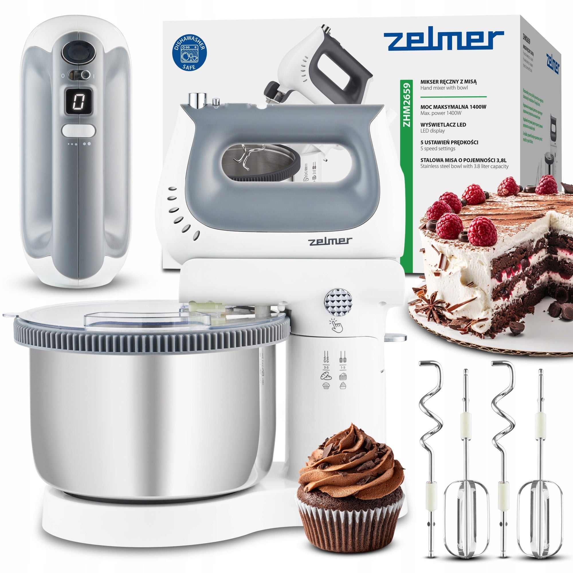 HAND MIXER ZELMER LIGHT FOOD PROCESSOR LED BOWL 3,8L SUPER SILENT QUIET
