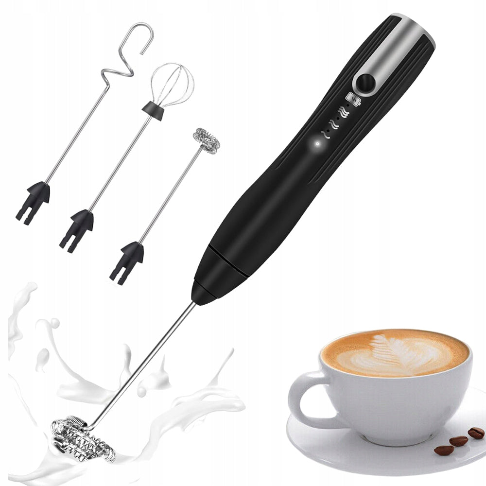 HANDHELD FROTHER COFFEE MILK MIXER ELECTRIC 3 INTERCHANGEABLE USB TIPS