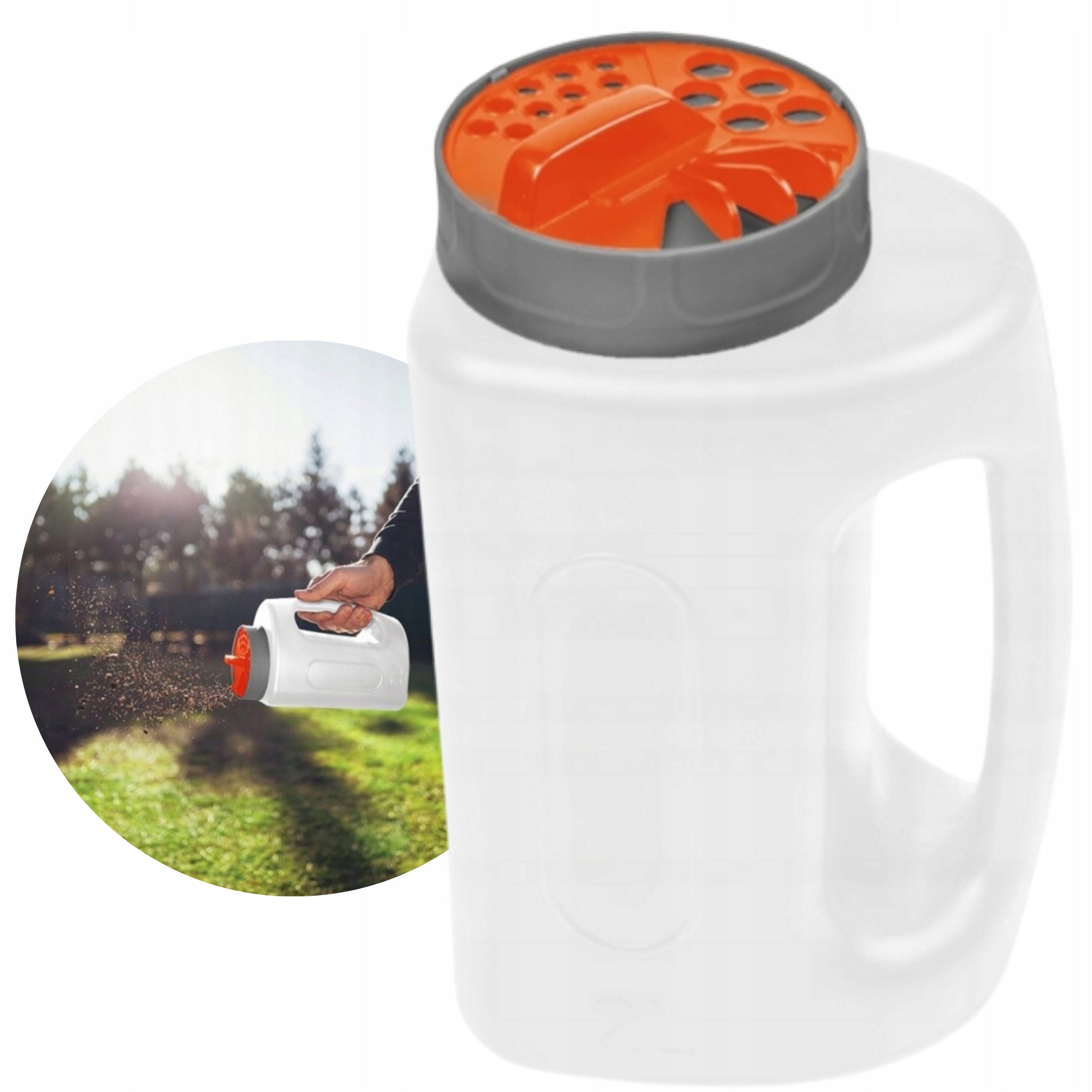HANDHELD GARDEN SEEDER SPREADER FOR SEEDS AND FERTILIZER - STURDY AND STRONG, 2L CAPACITY