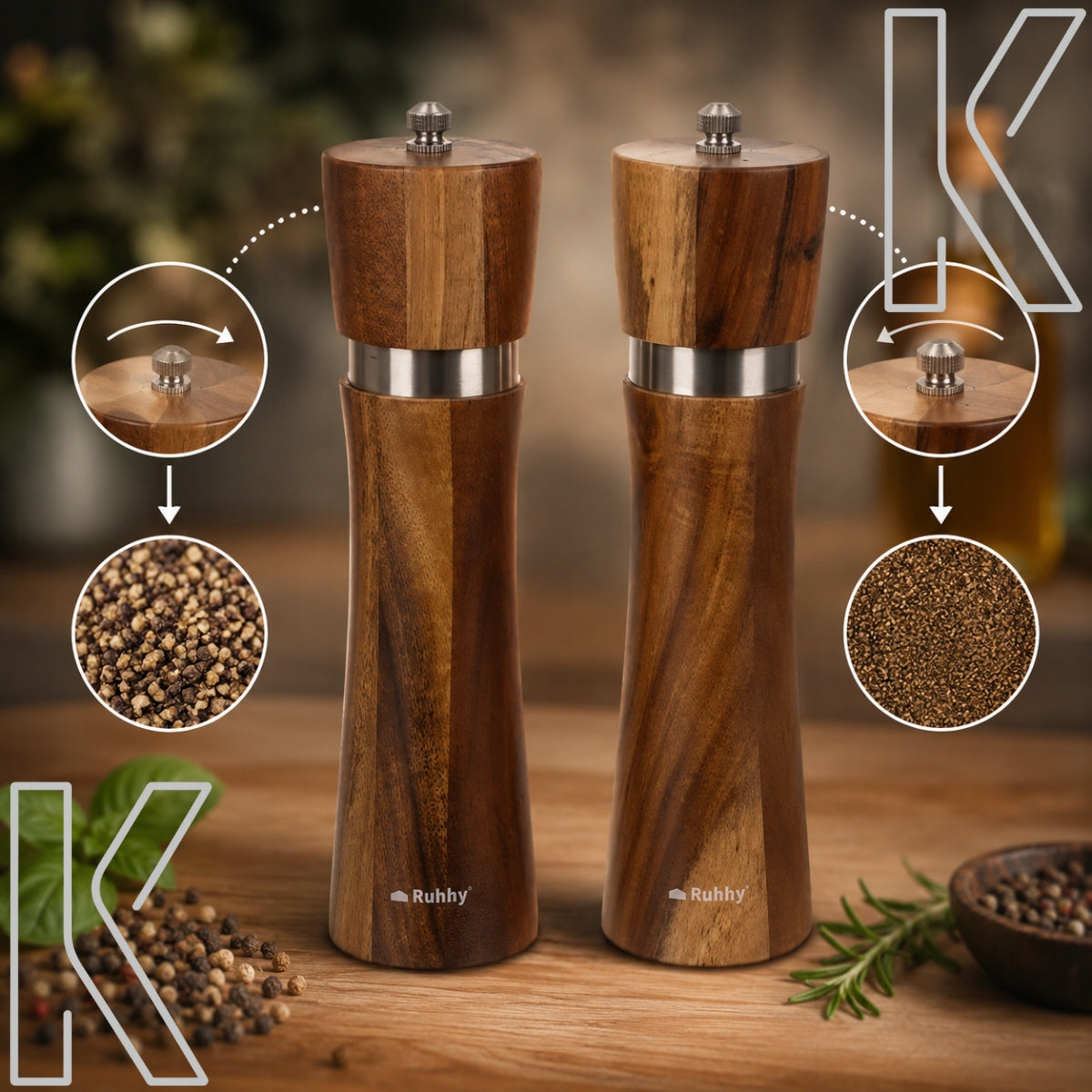 HANDHELD SALT AND PEPPER GRINDERS WOODEN SET WITH INCANDESCENT STAND 2 PCS Manufacturer code DREWNIANE MŁYNKI ŻARNOWE DO SOLI I PIEPRZU