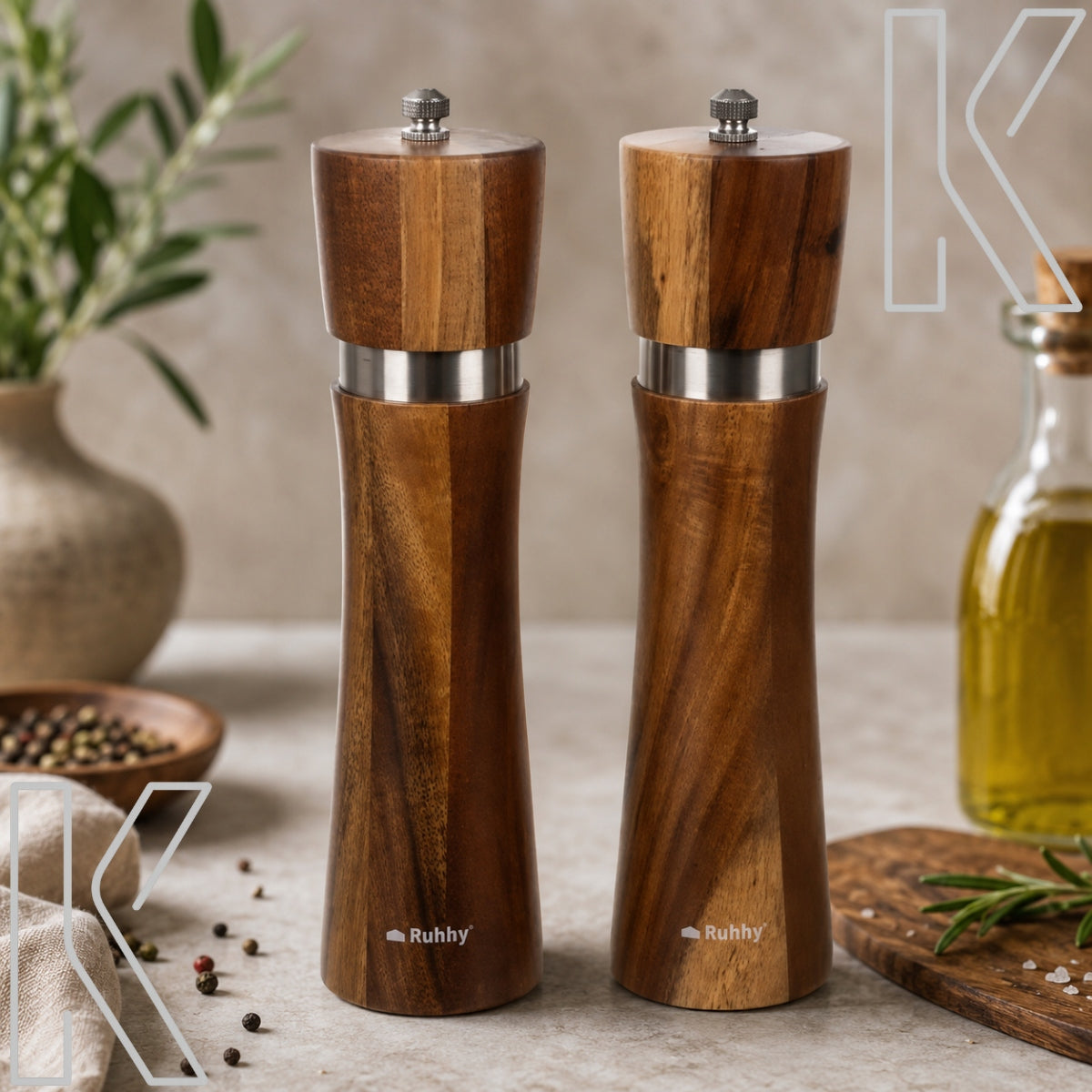 HANDHELD SALT AND PEPPER GRINDERS WOODEN SET WITH INCANDESCENT STAND 2 PCS Packaging status original