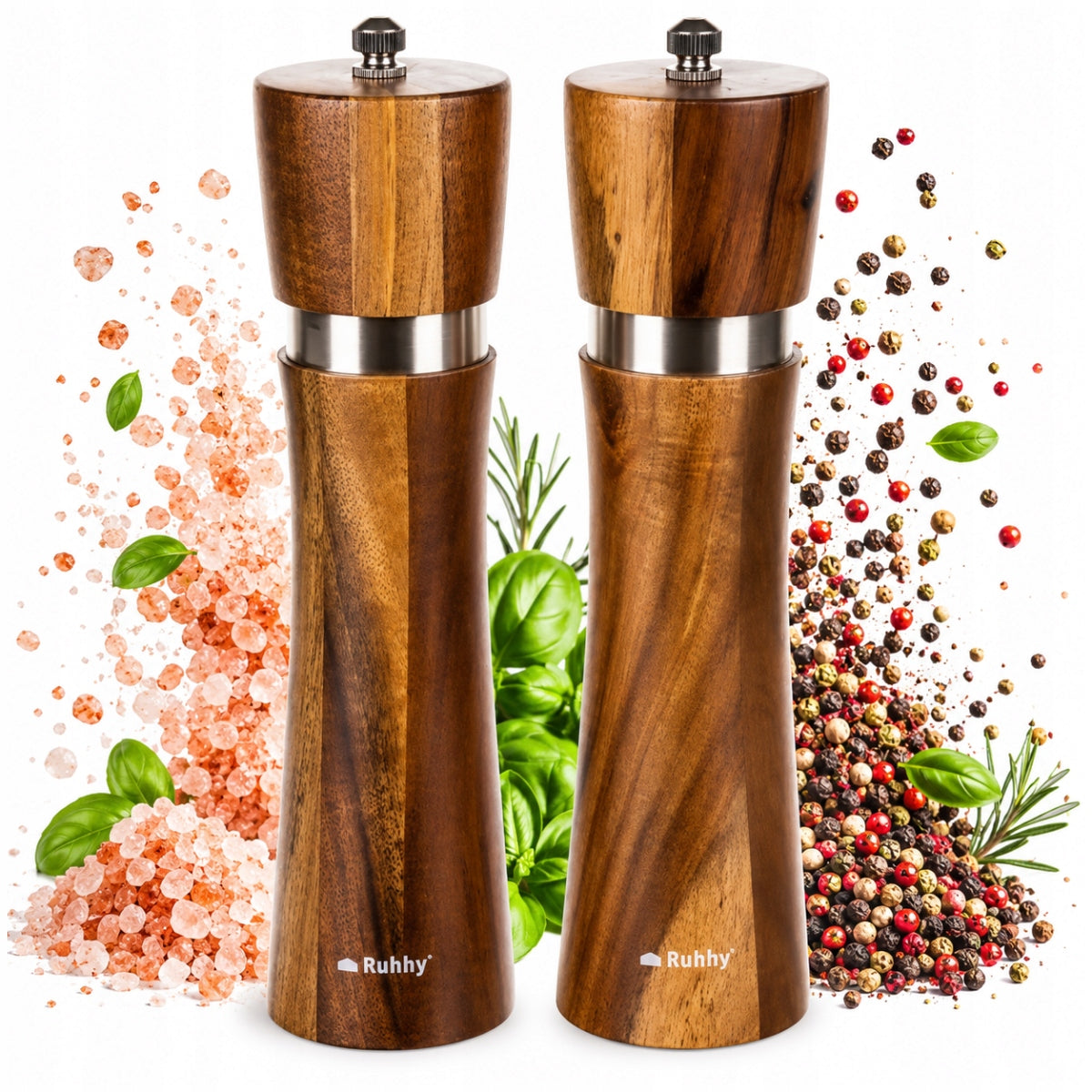 HANDHELD SALT AND PEPPER GRINDERS WOODEN SET WITH INCANDESCENT STAND 2 PCS