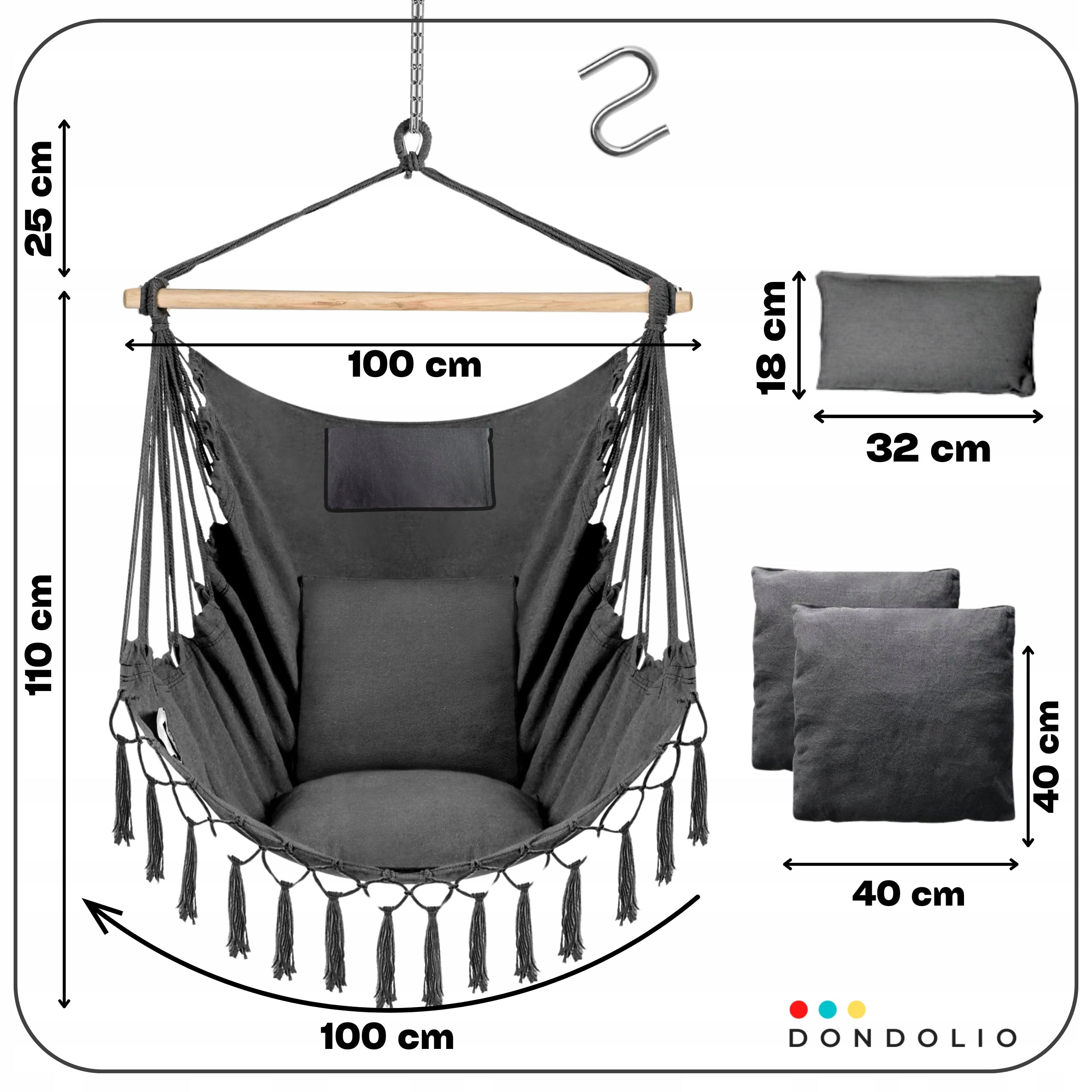 HANGING CHAIR BRAZILIAN Boho Garden SWING 3 PILLOWS 150kg Dondolio Manufacturer code duża wisząca huśtawka bujak