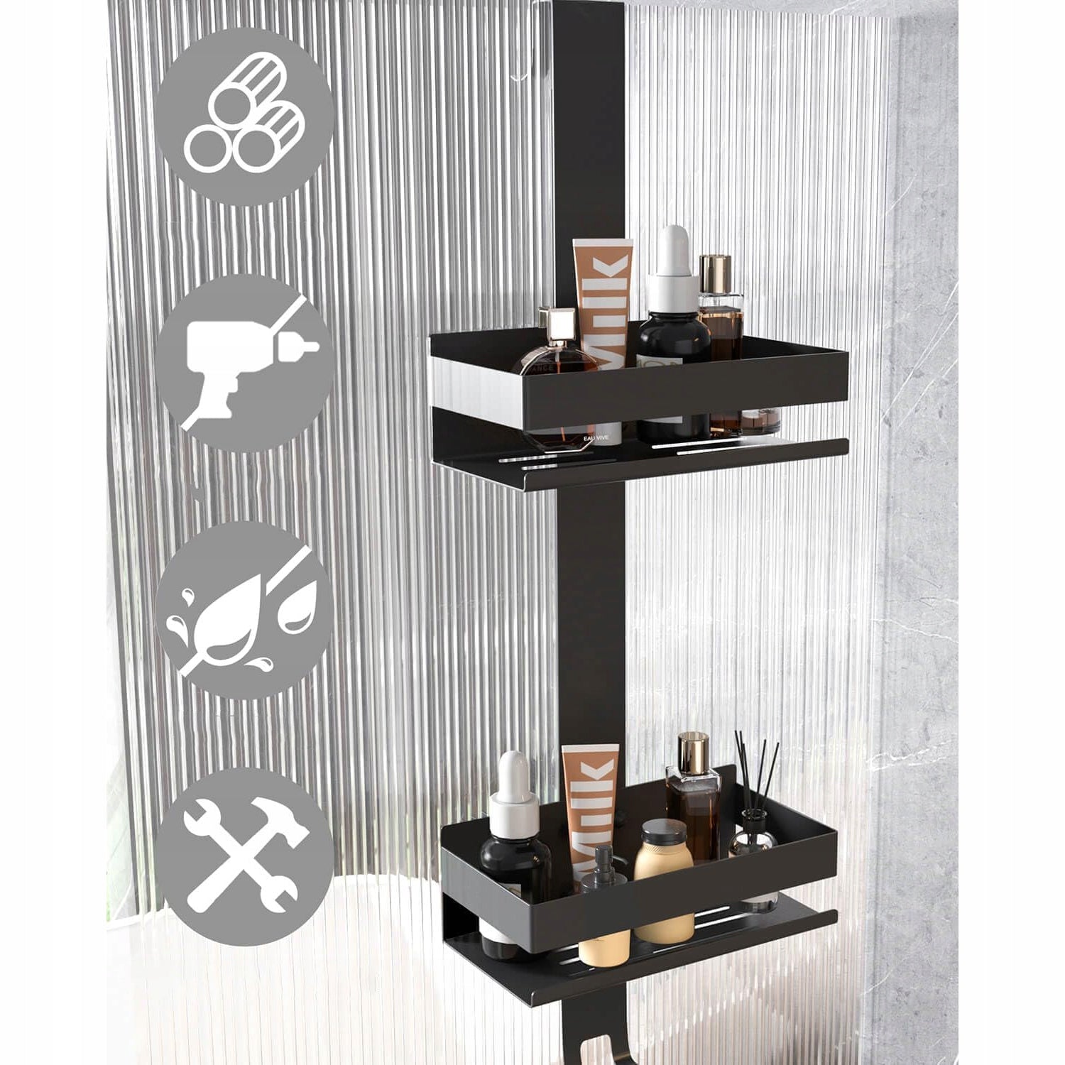 HANGING SHOWER ORGANIZER WITH 2 SHELVES STAINLESS STEEL WITHOUT DRILLING 7KG Manufacturer code 6HG2971BKDM
