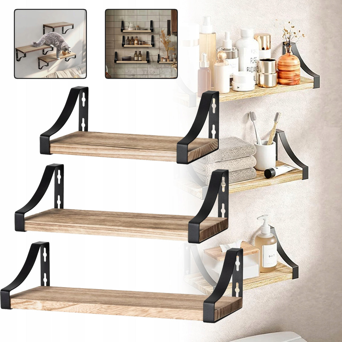 HANGING WALL POLKAS, WALL SHELF, SET OF 3 SHELVES FOR BEDROOM, BATHROOM