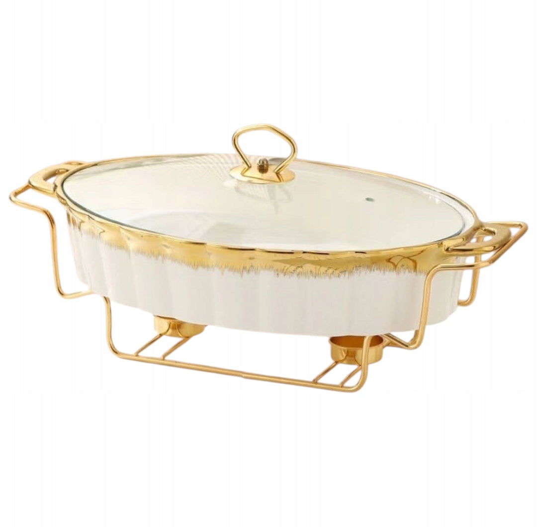 HEAT-RESISTANT DISH ON STAND WITH HEATER AND LID GOLD Y605 Packaging status original