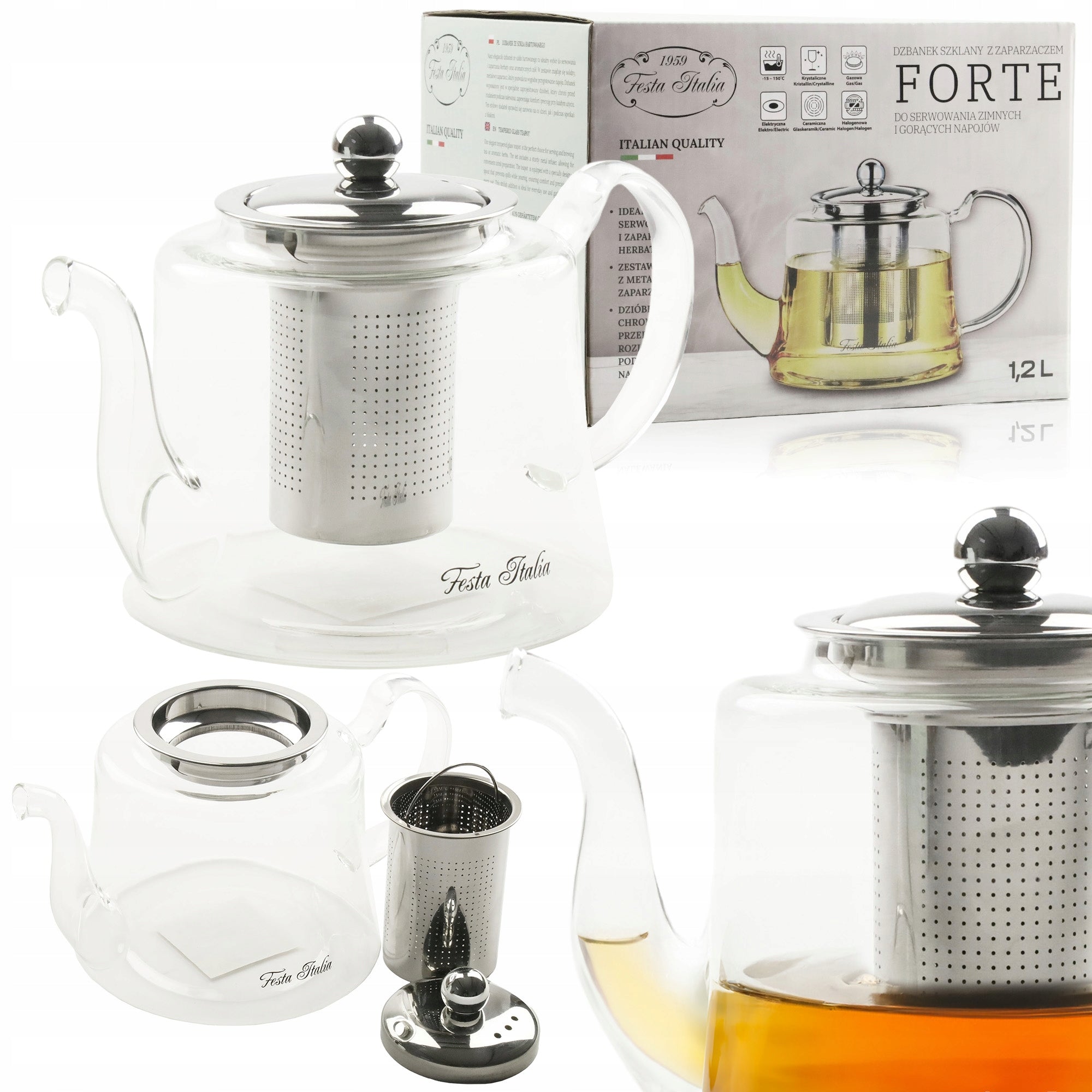HEAT RESISTANT GLASS JUG WITH STEEL INFUSER FOR HERB TEA 1200 ML