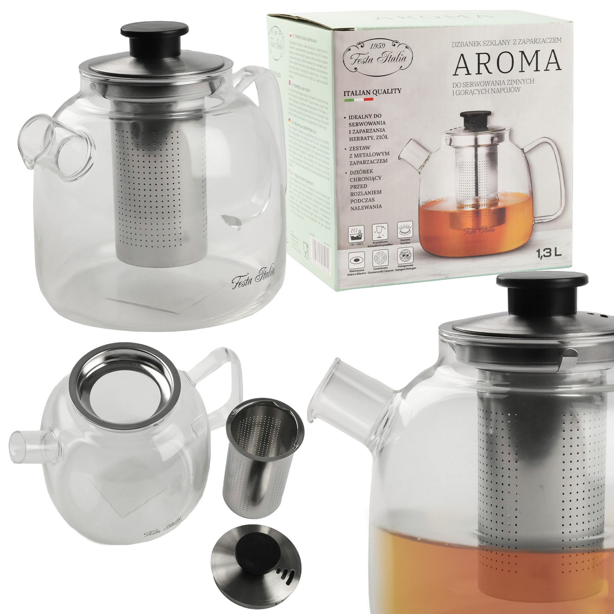 HEAT RESISTANT GLASS JUG WITH STEEL TEA GAS INFUSER 1,3 L